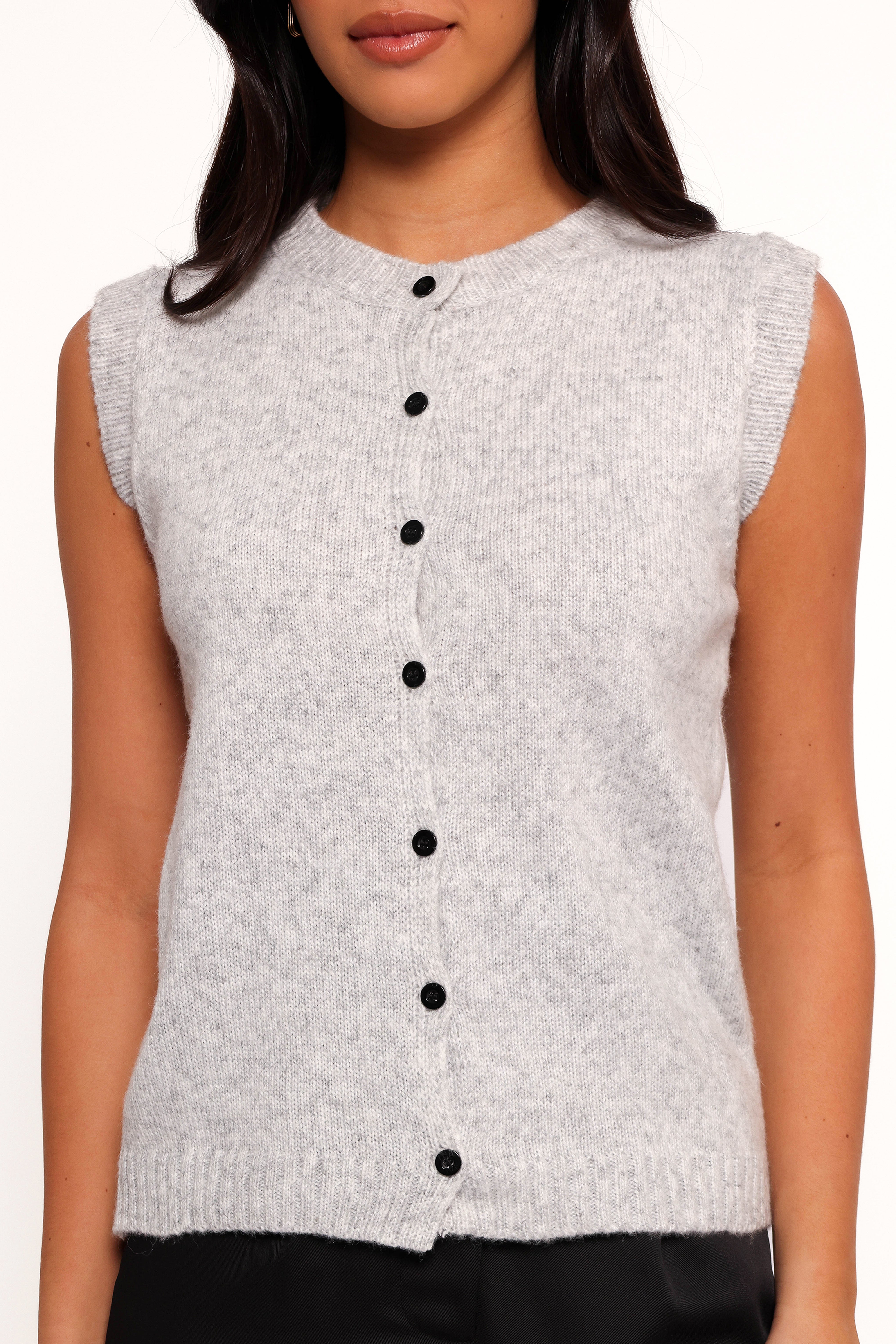 Women's Grey Knit Vest with Black Buttons - Grace