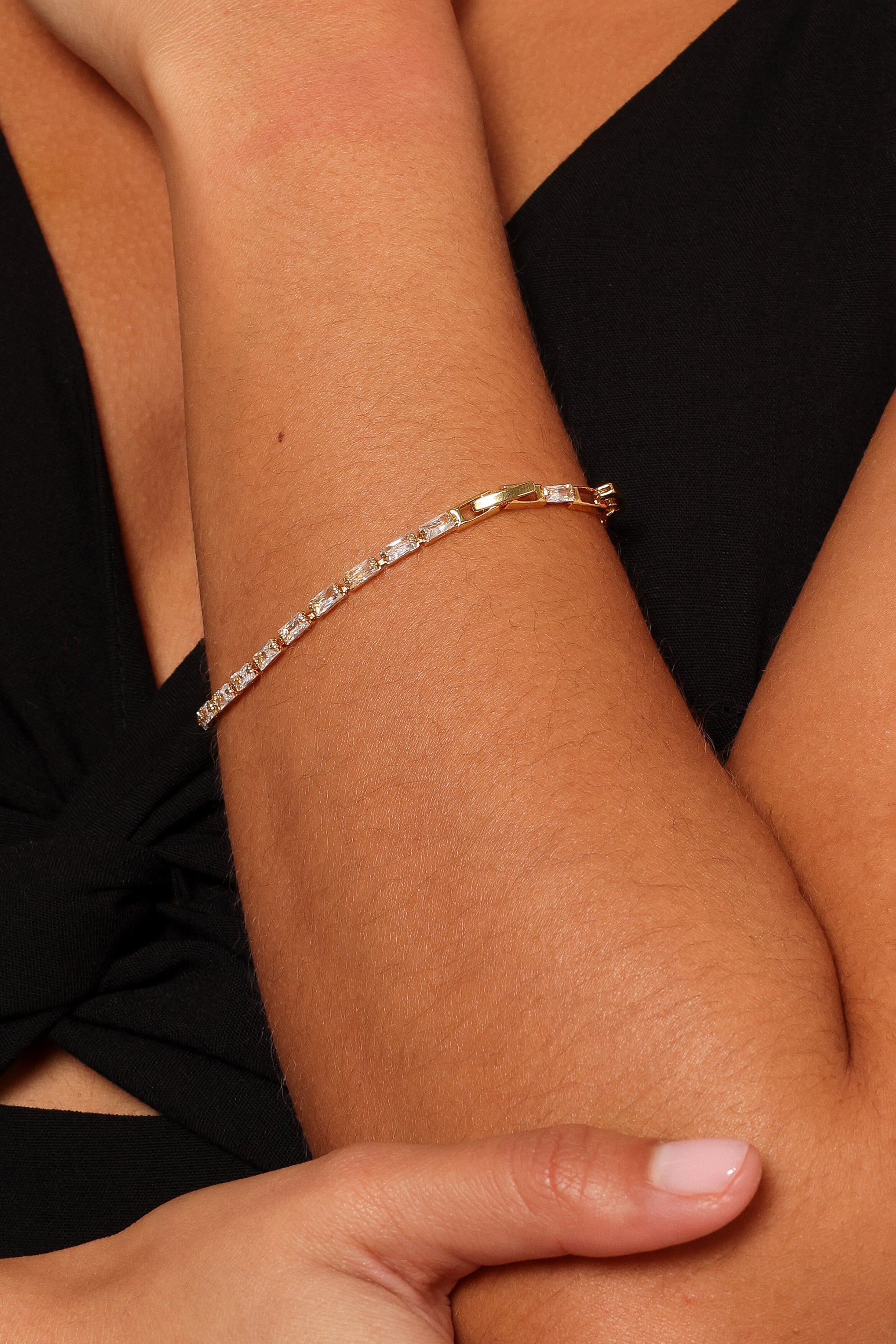 Gold Torie Bracelet with Baguette Crystals - Thin Design & Double Clasp
