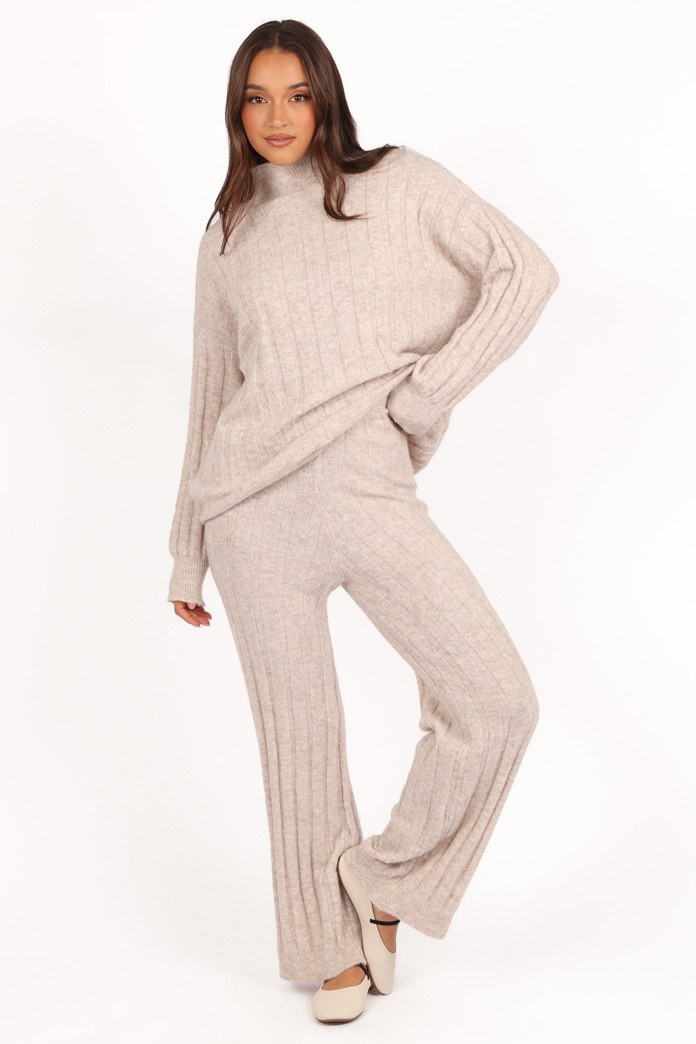 Women's Beige Ribbed Knit Lounge Set - Tahoe Comfort Outfit