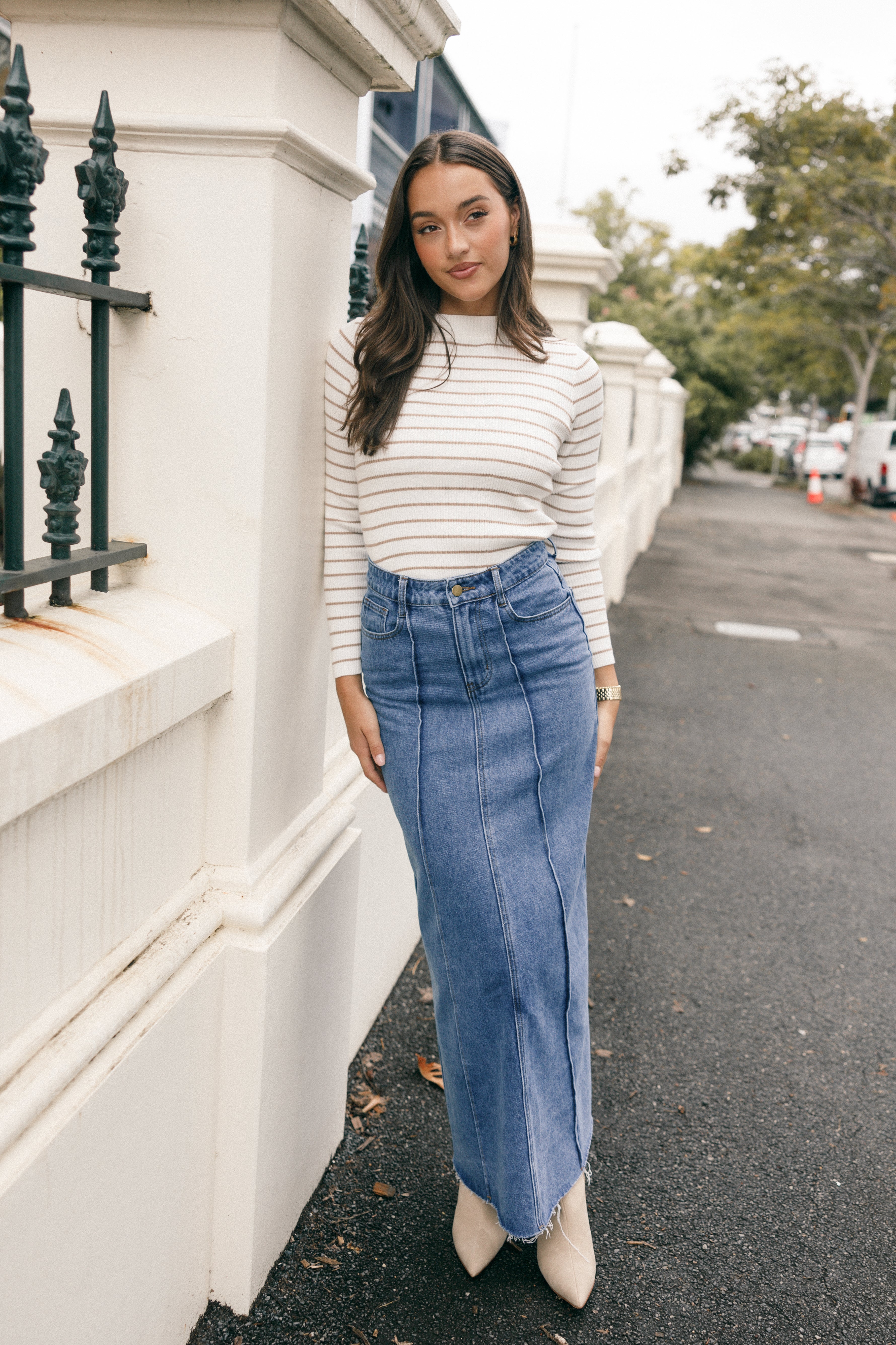 Ribbed Knit Mockneck Top - Beige Striped Long Sleeve