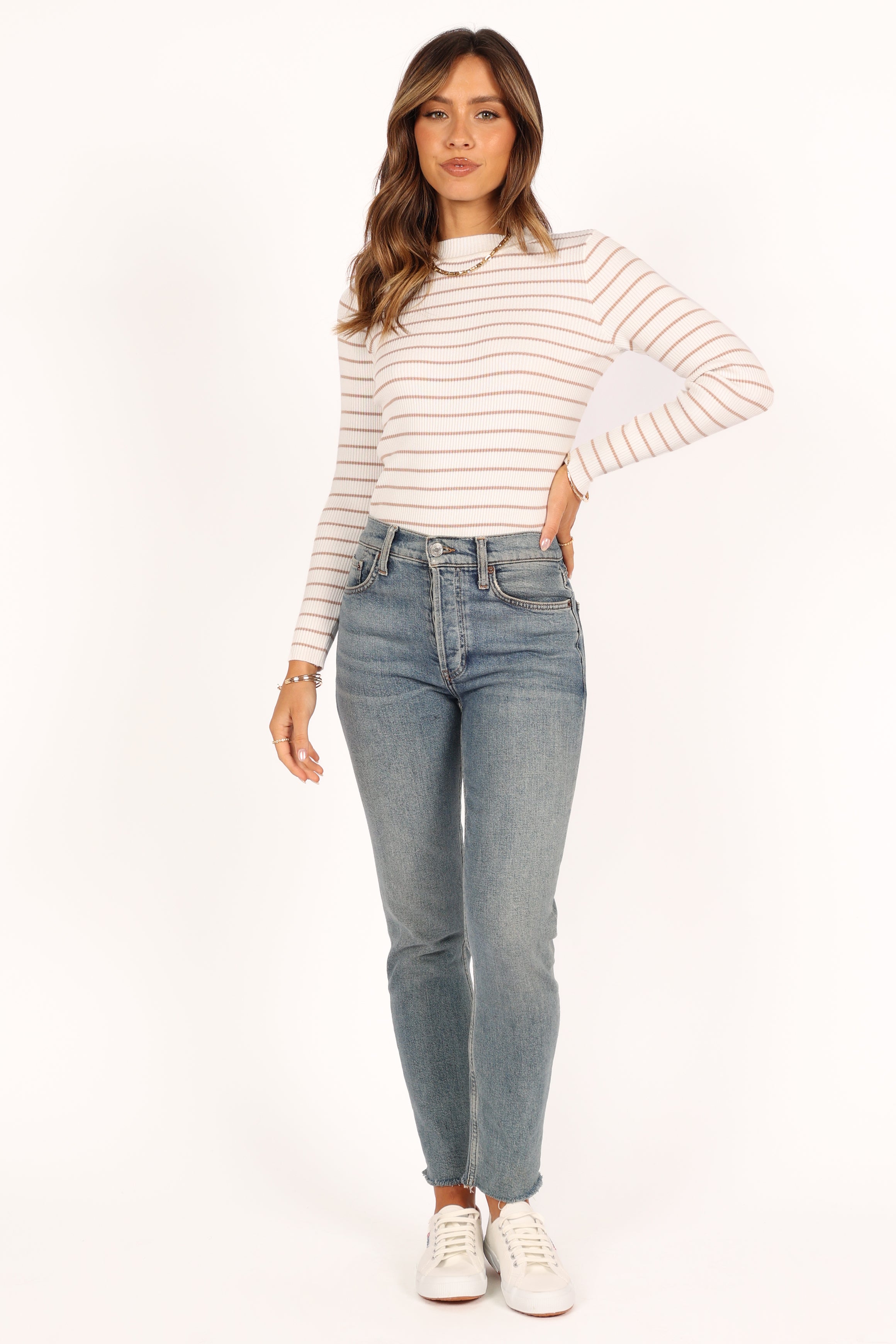 Ribbed Knit Mockneck Top - Beige Striped Long Sleeve