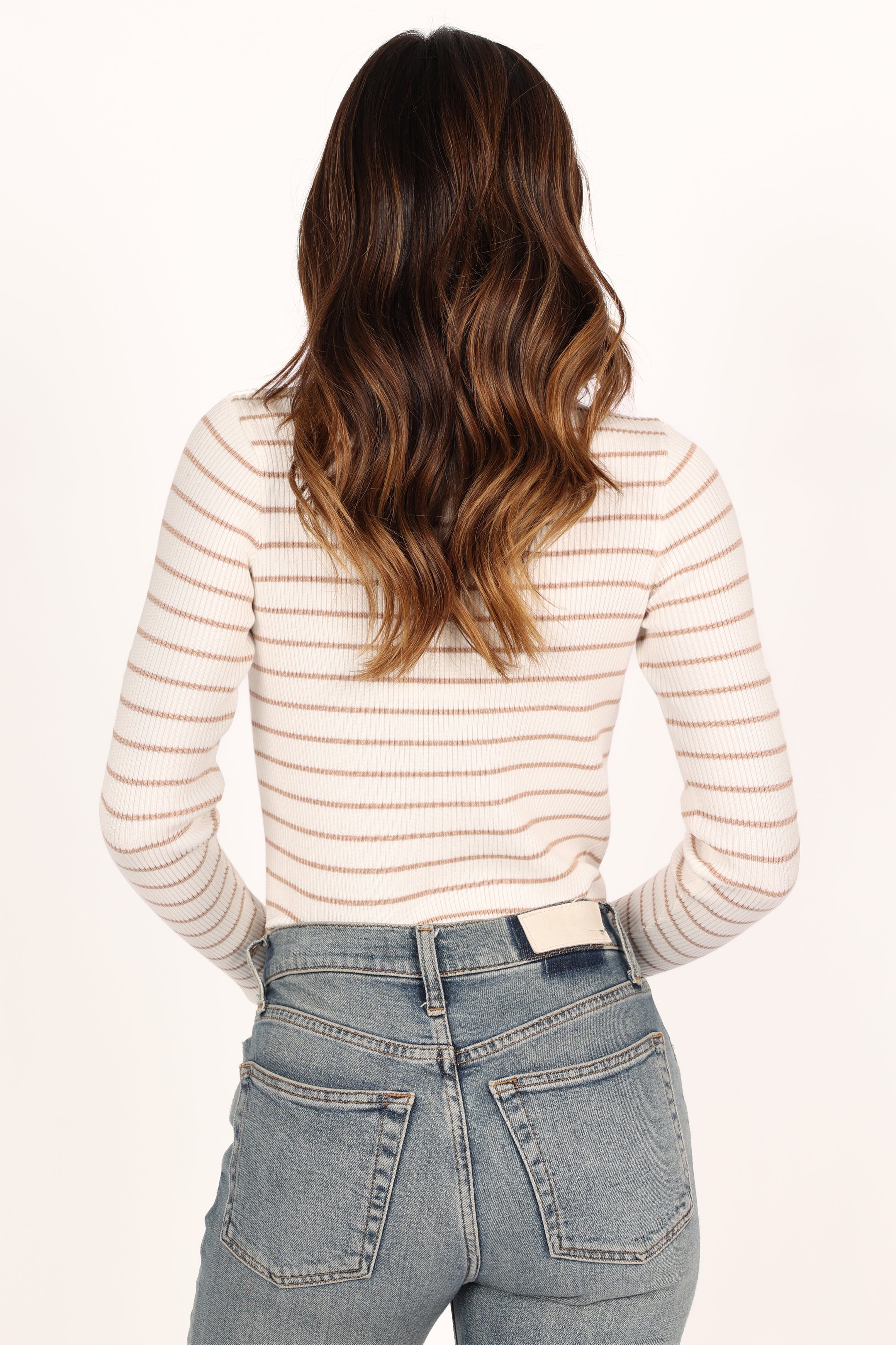 Ribbed Knit Mockneck Top - Beige Striped Long Sleeve