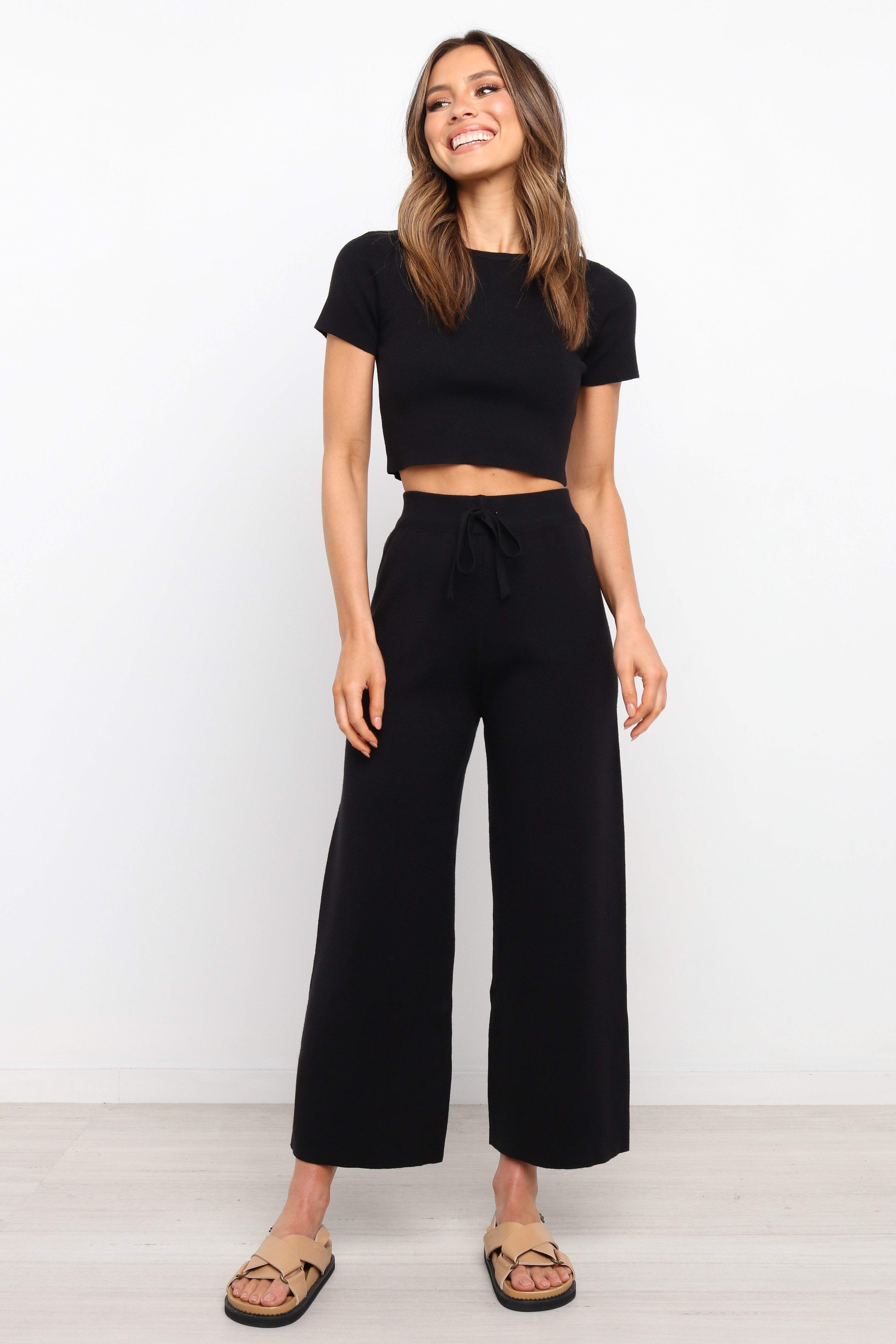 Ayers Black Ribbed Lounge Set - Cropped Top & High Waist Pants
