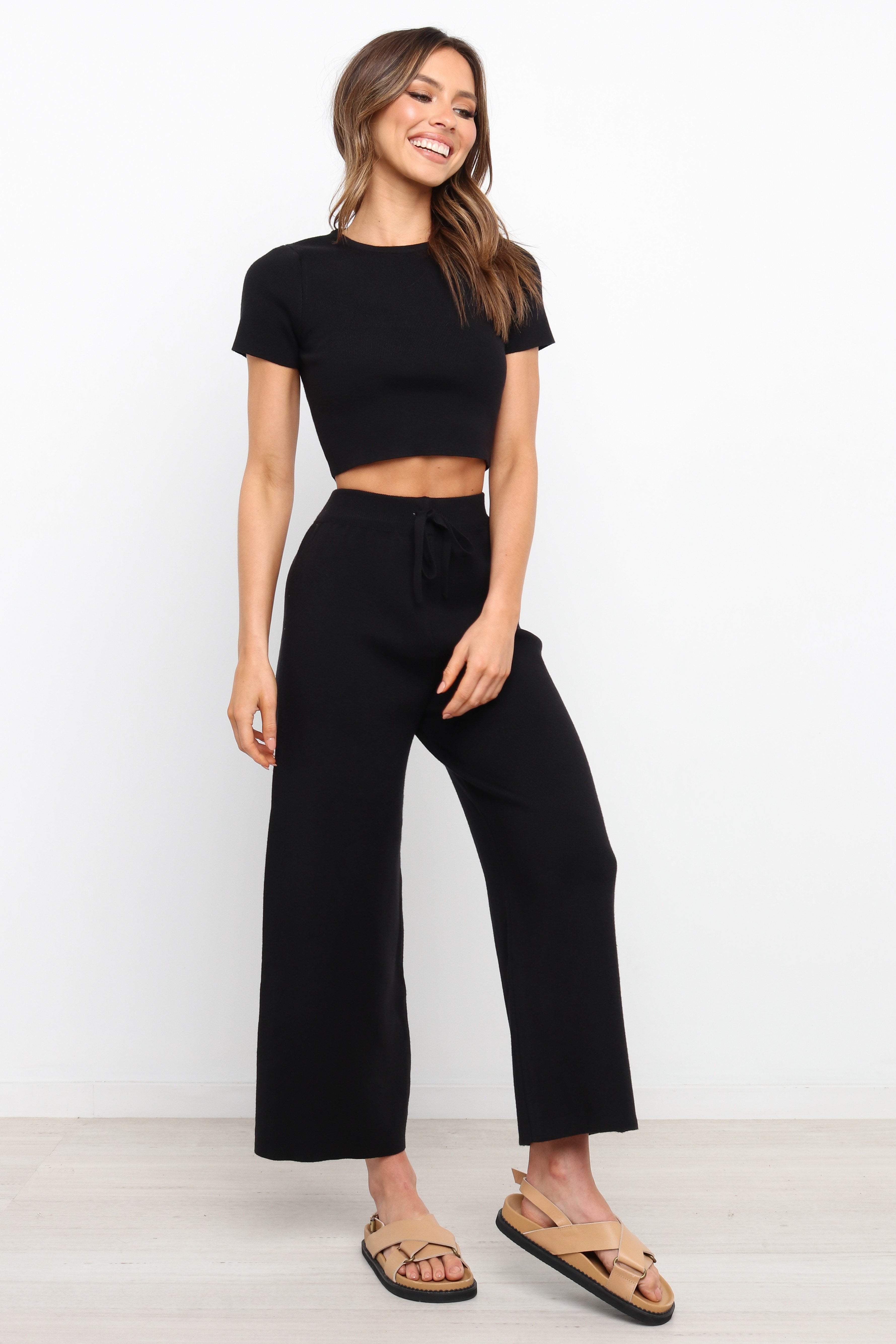 Ayers Black Ribbed Lounge Set - Cropped Top & High Waist Pants
