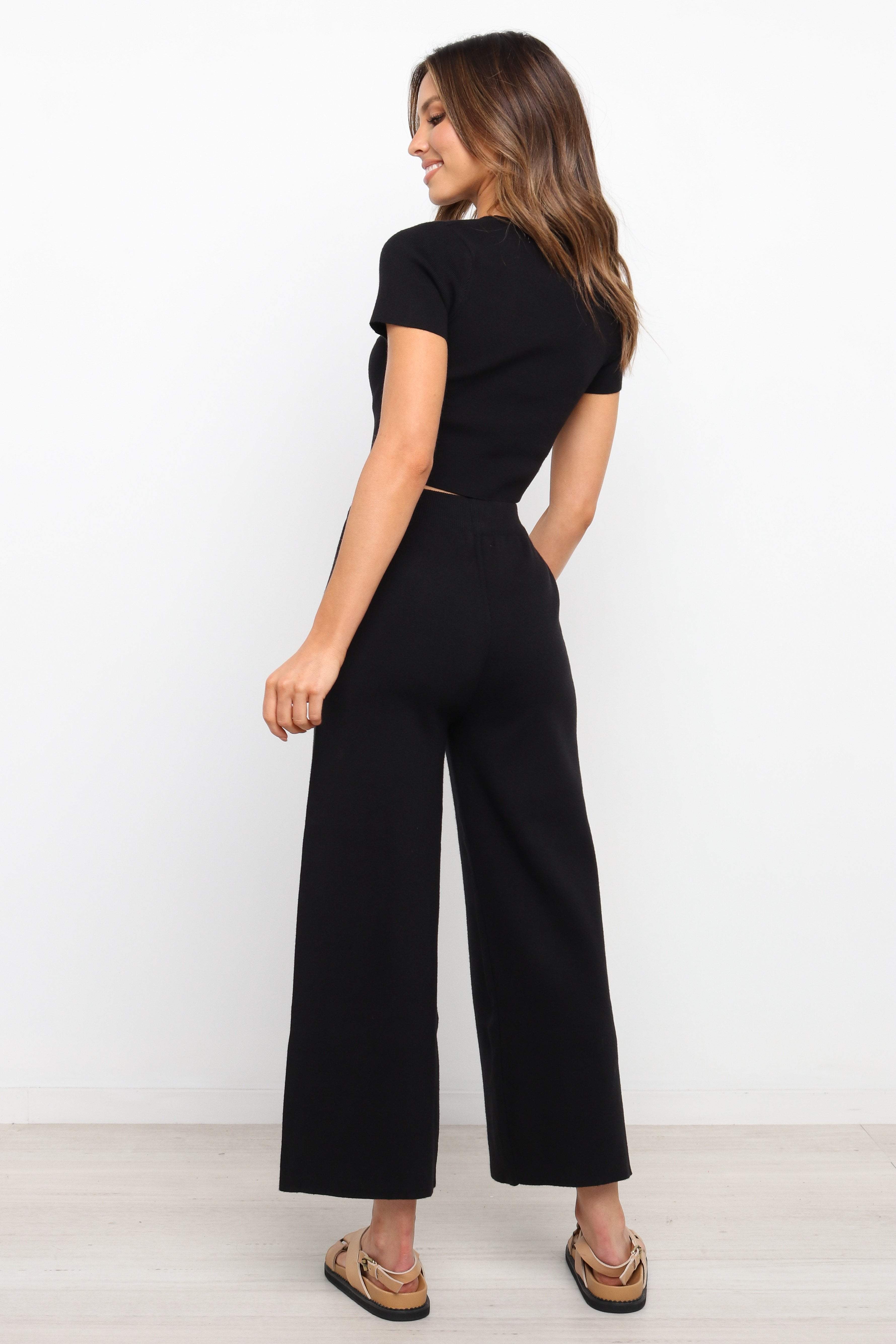 Ayers Black Ribbed Lounge Set - Cropped Top & High Waist Pants