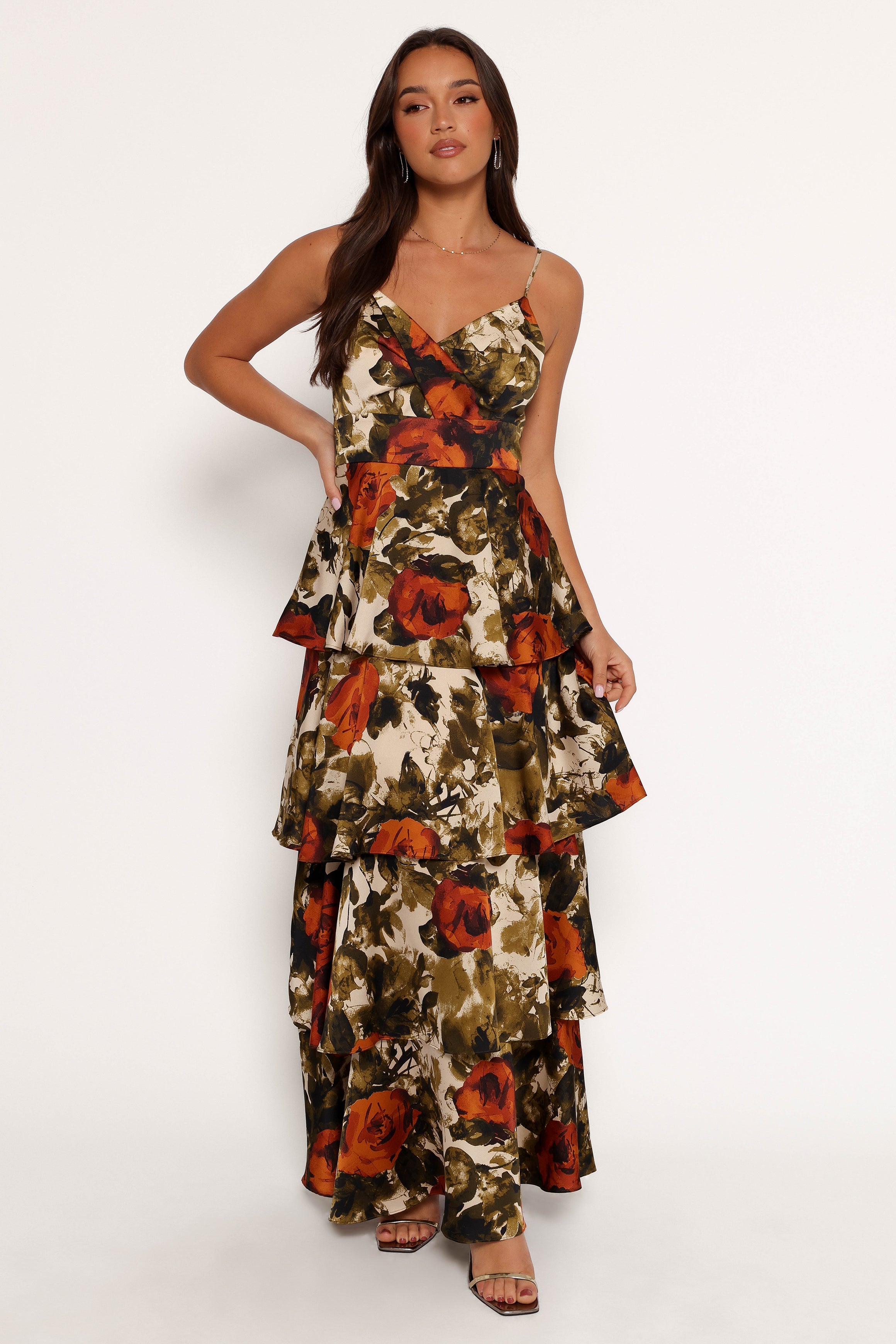 Floral Print Satin Maxi Dress with Ruffle Skirt - Benny