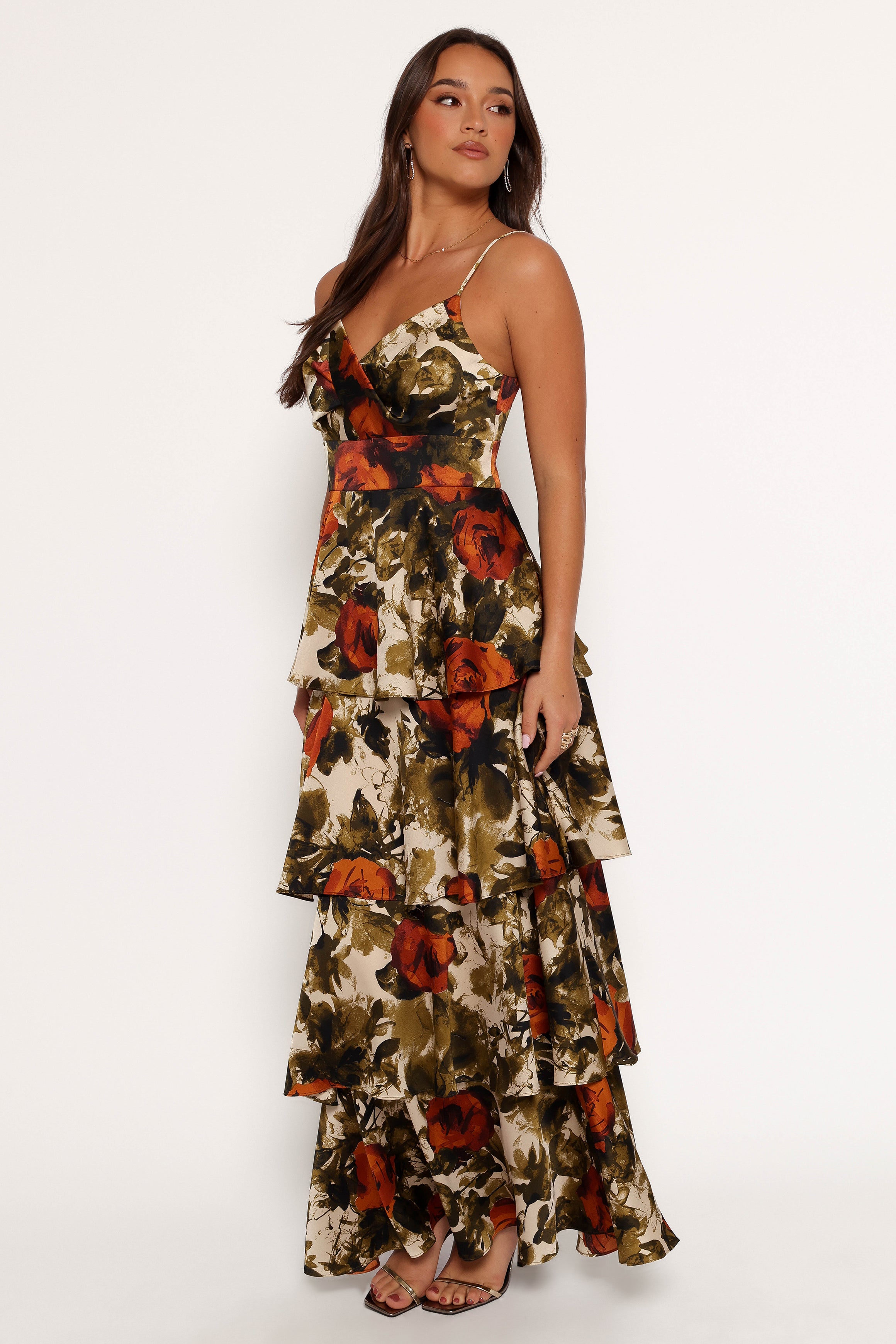 Floral Print Satin Maxi Dress with Ruffle Skirt - Benny
