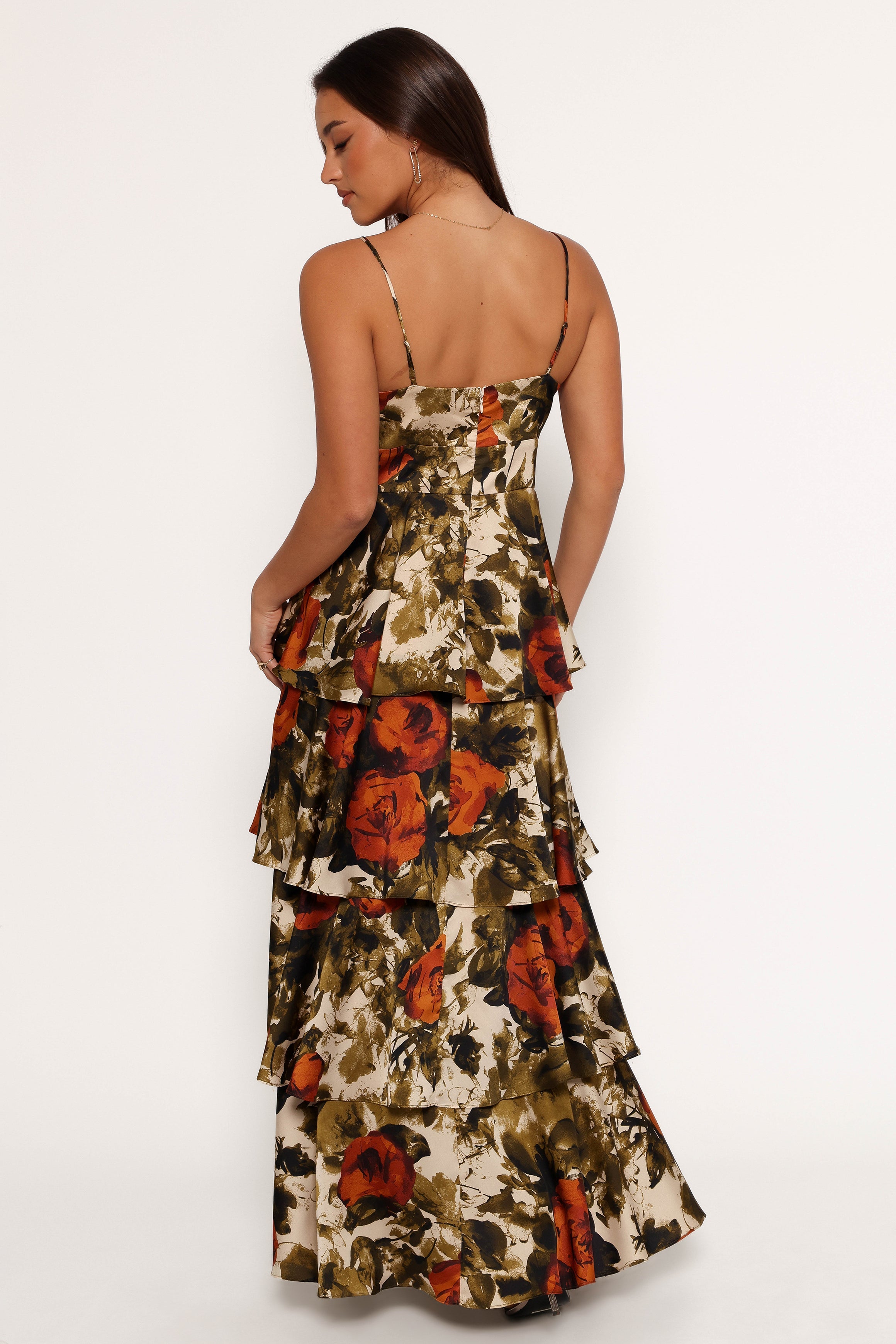 Floral Print Satin Maxi Dress with Ruffle Skirt - Benny