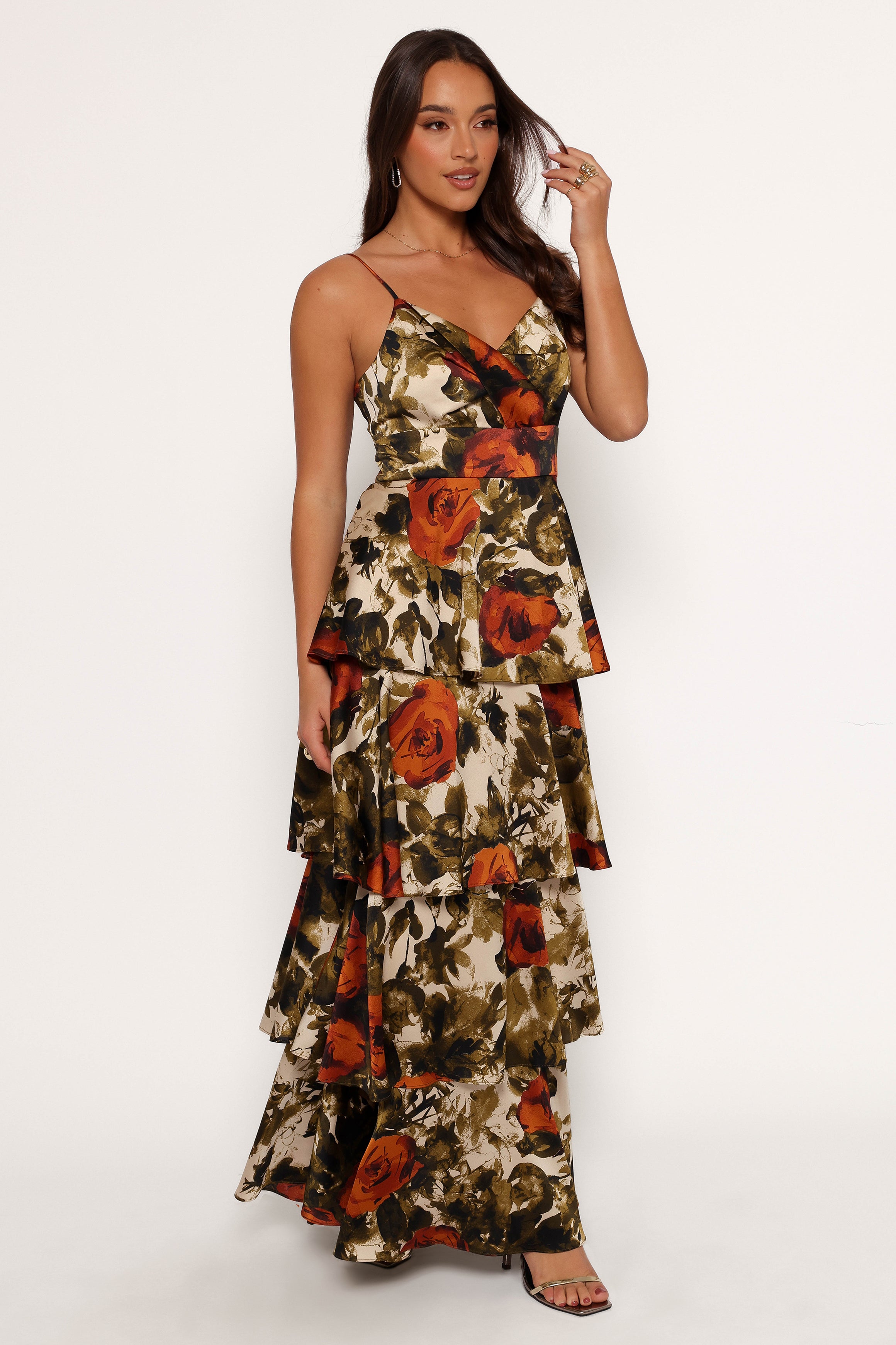 Floral Print Satin Maxi Dress with Ruffle Skirt - Benny