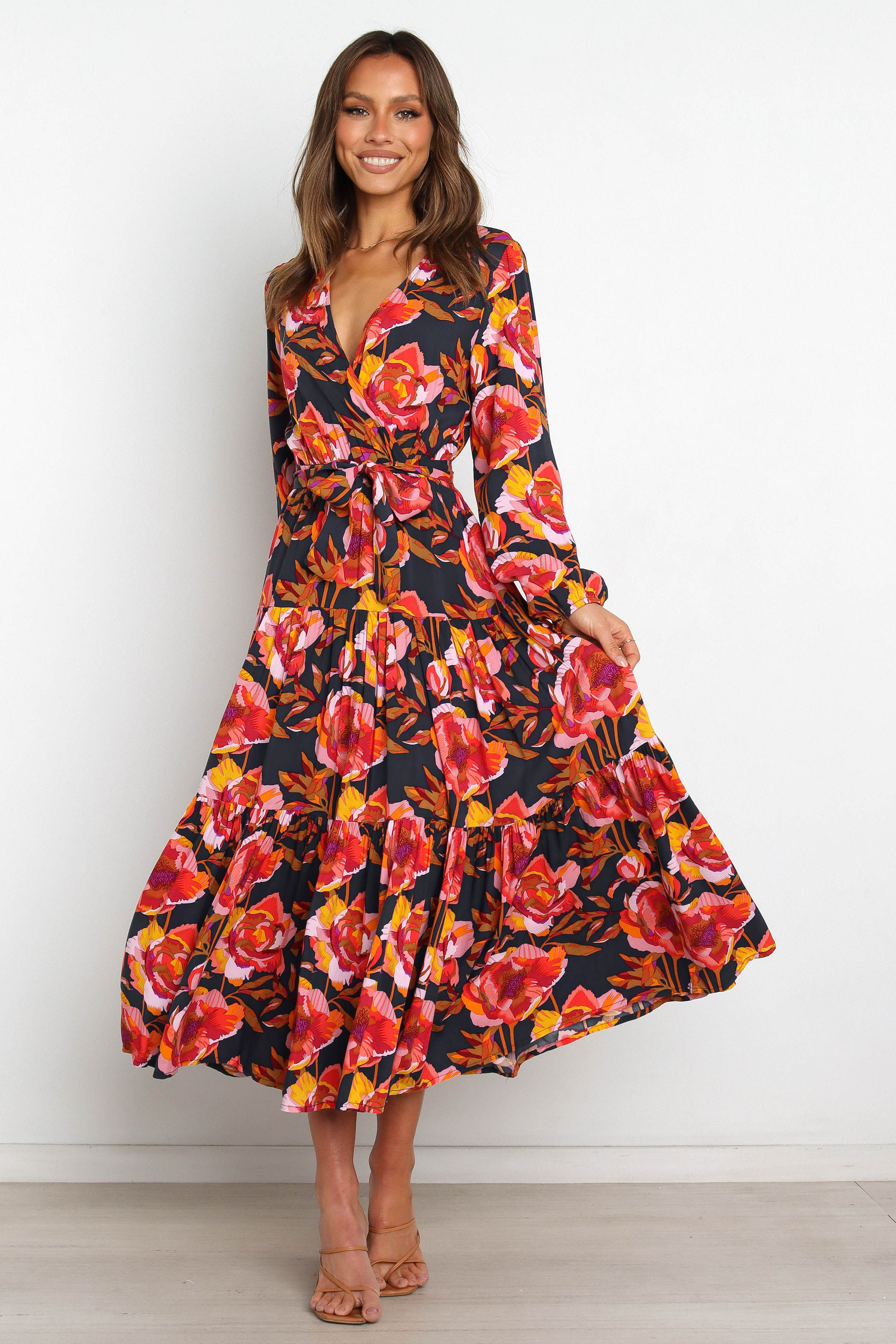 Navy Floral Maxi Dress with V Neckline & Tiered Skirt