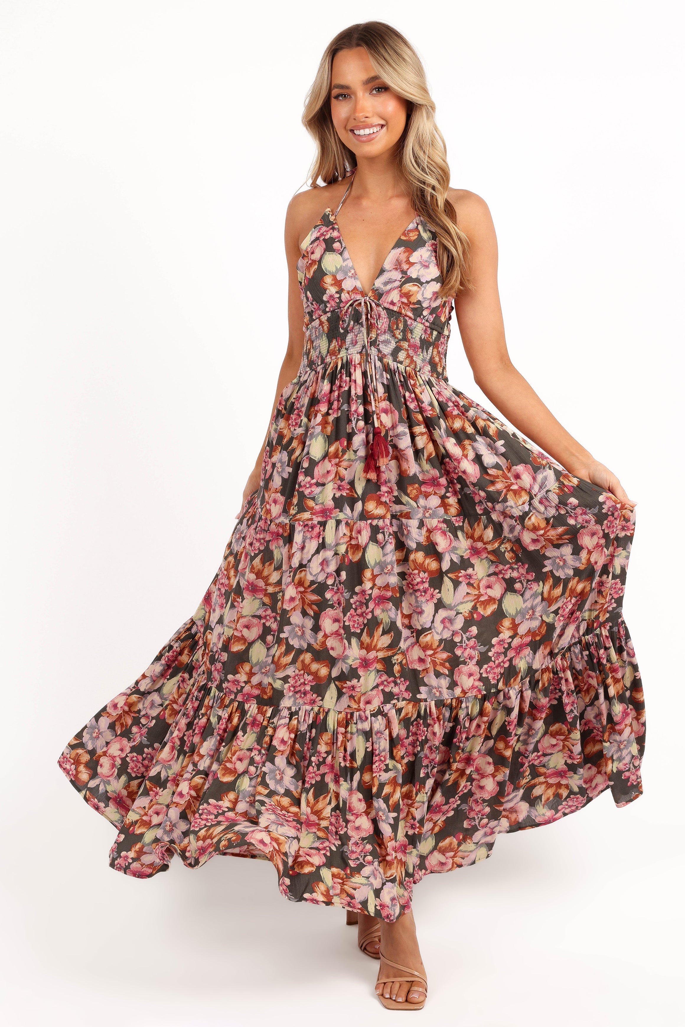 Benson Floral Maxi Dress with Halter Neck & Pockets - Dark Green