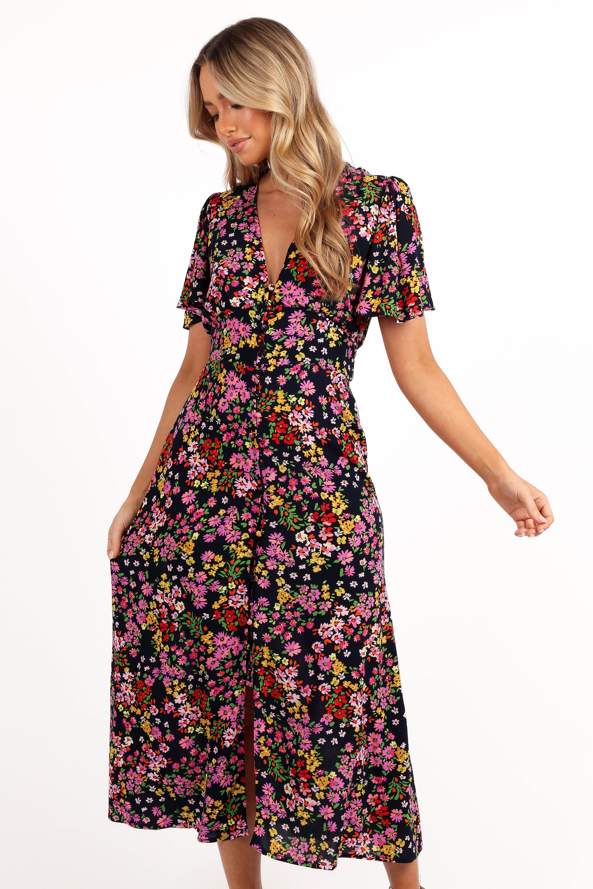 Floral Midi Dress with V-Neck & Waist Tie - Owena Midnight Daisy