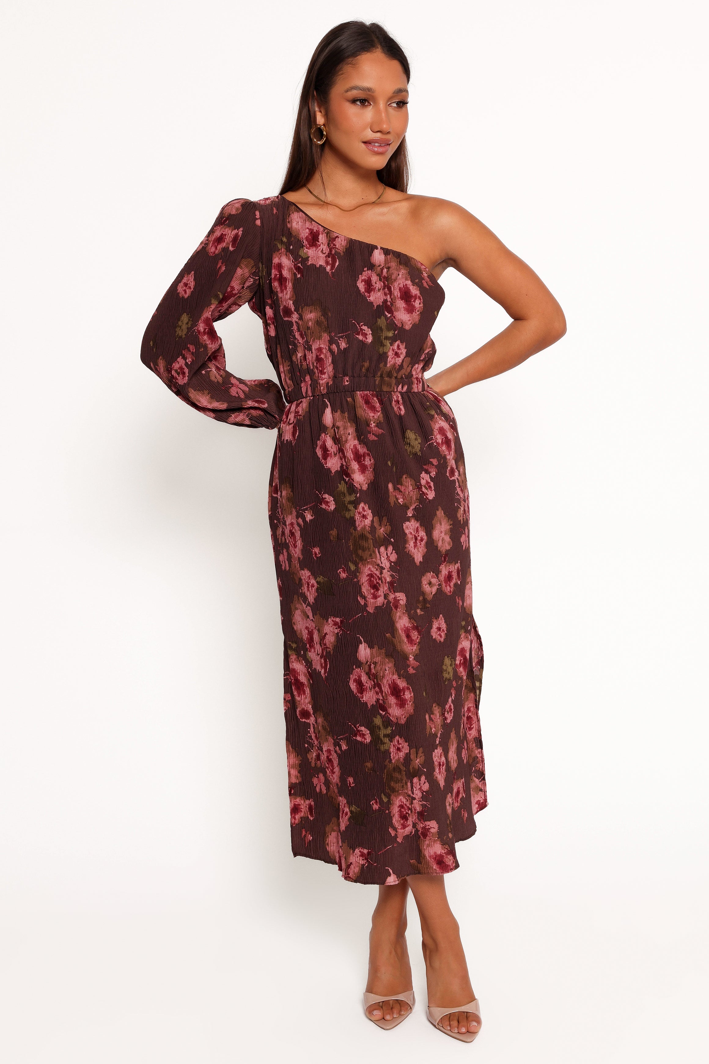 One Shoulder Pleated Midi Dress - Chocolate Brown Pontee
