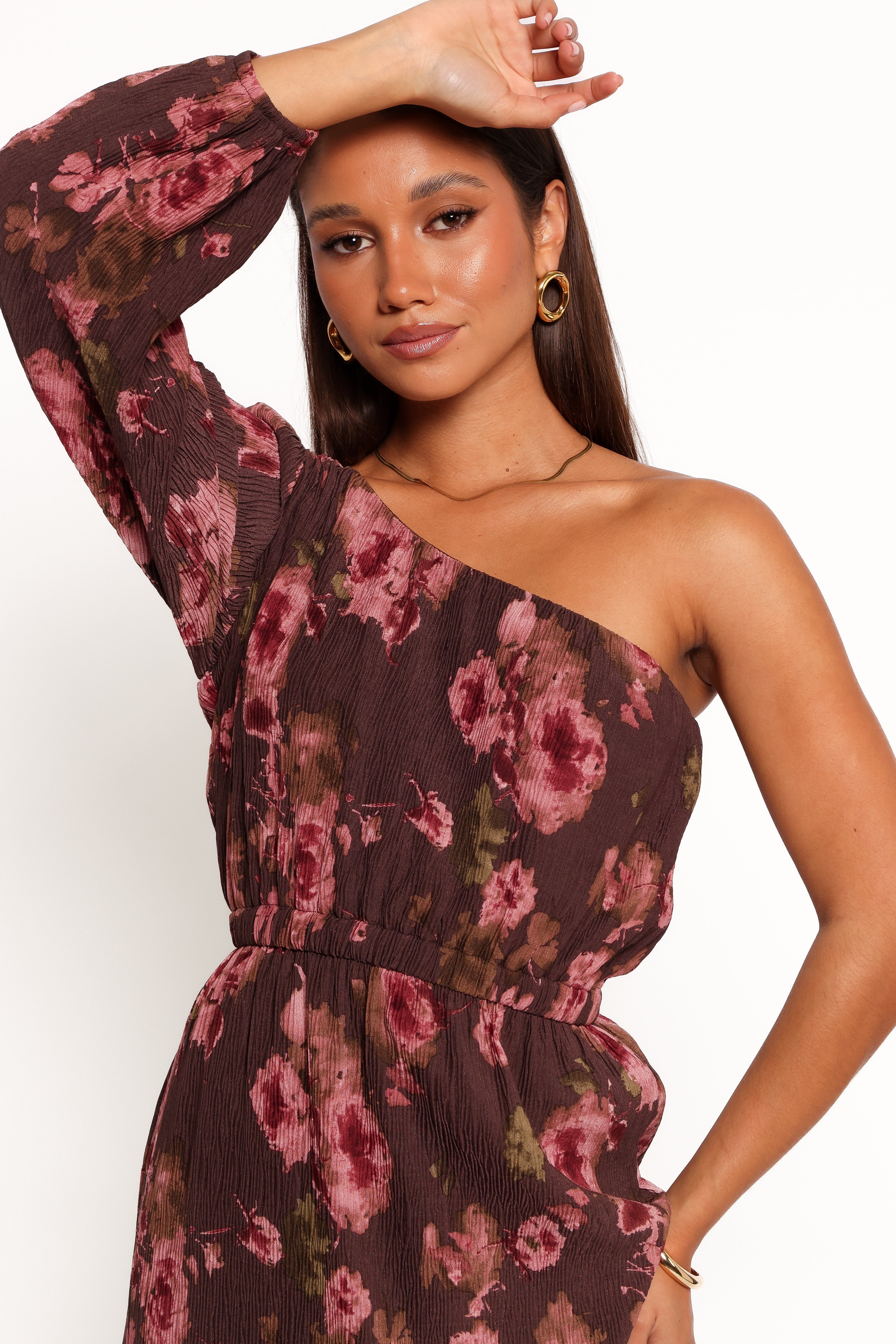 One Shoulder Pleated Midi Dress - Chocolate Brown Pontee