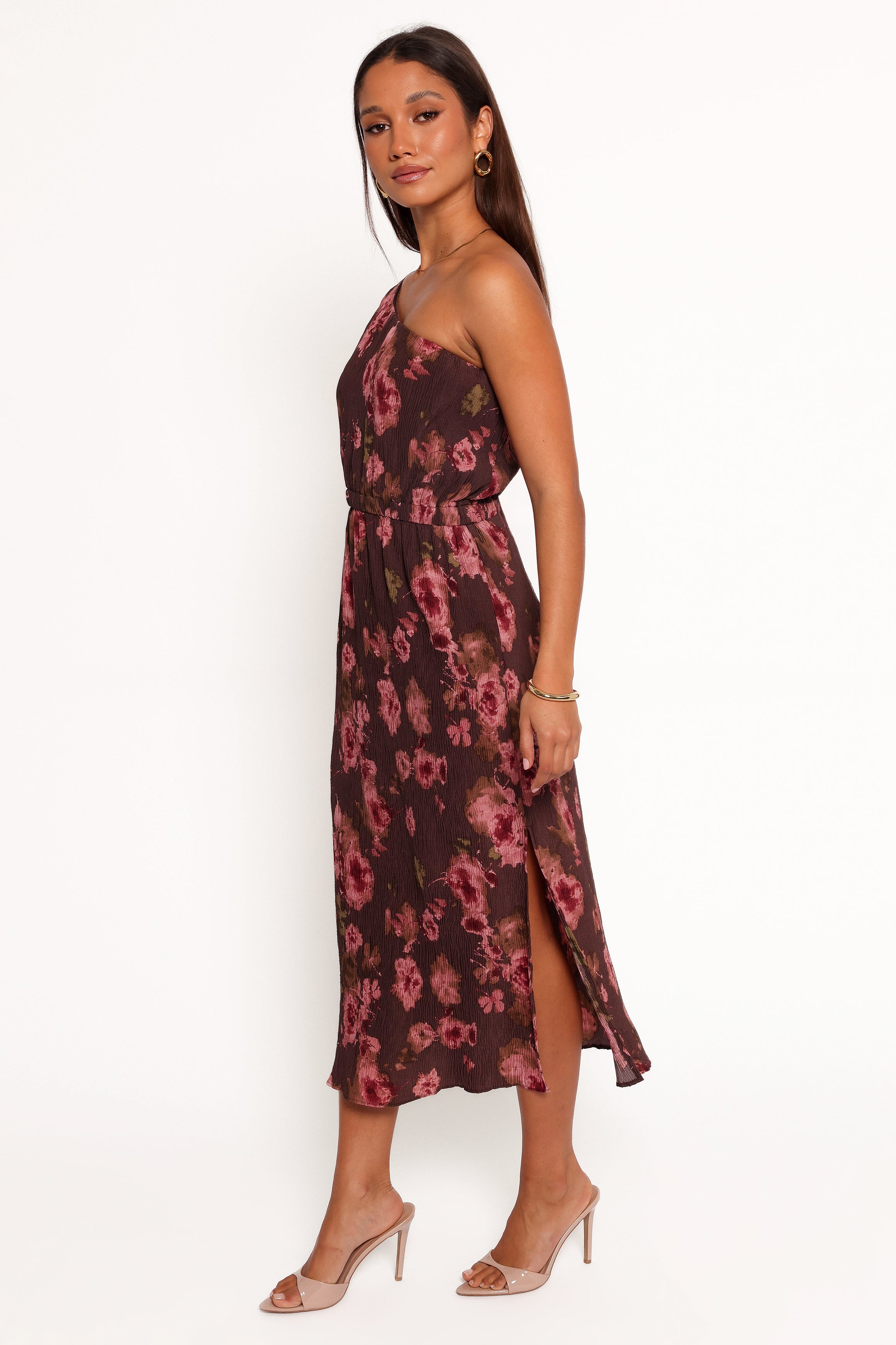 One Shoulder Pleated Midi Dress - Chocolate Brown Pontee