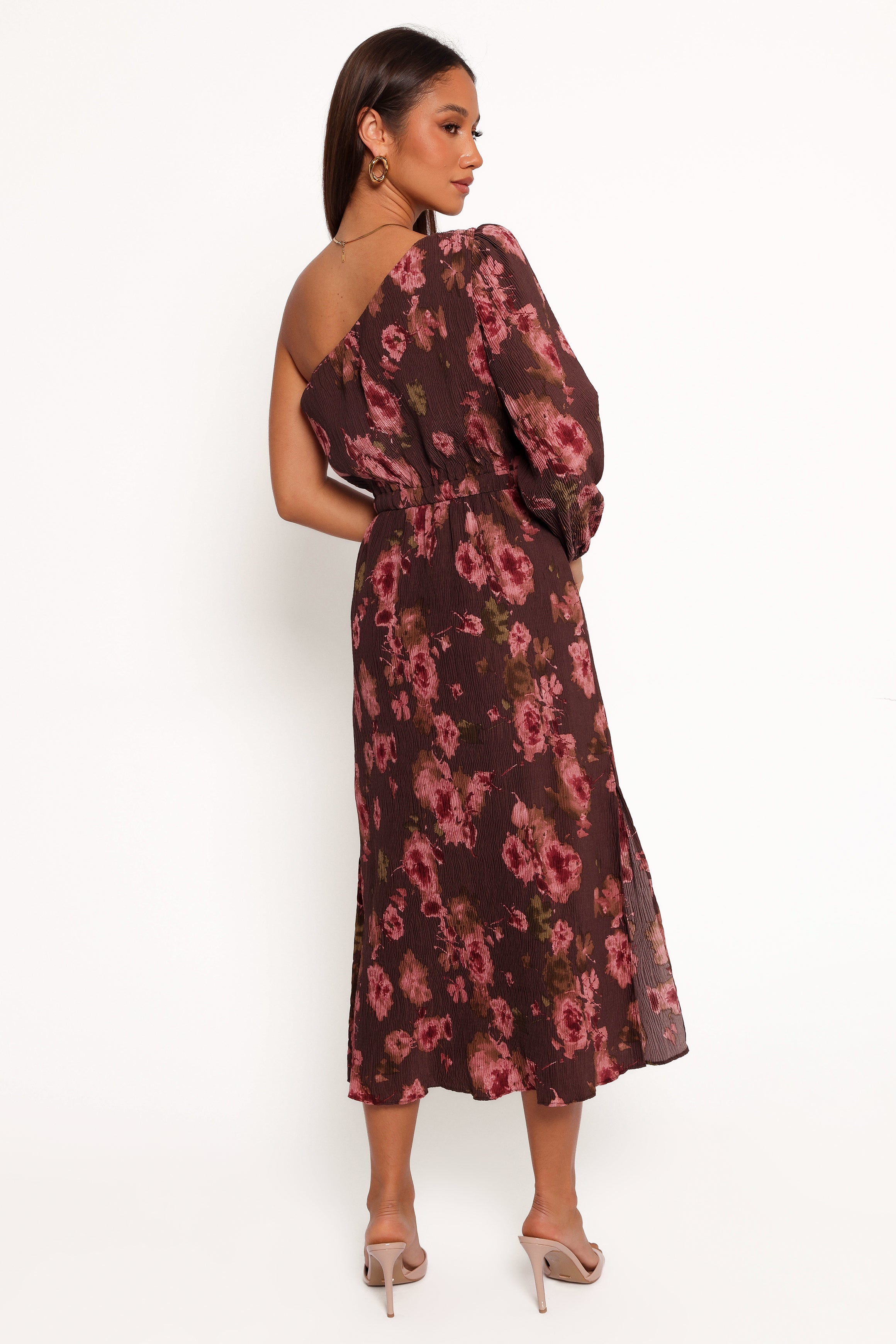 One Shoulder Pleated Midi Dress - Chocolate Brown Pontee