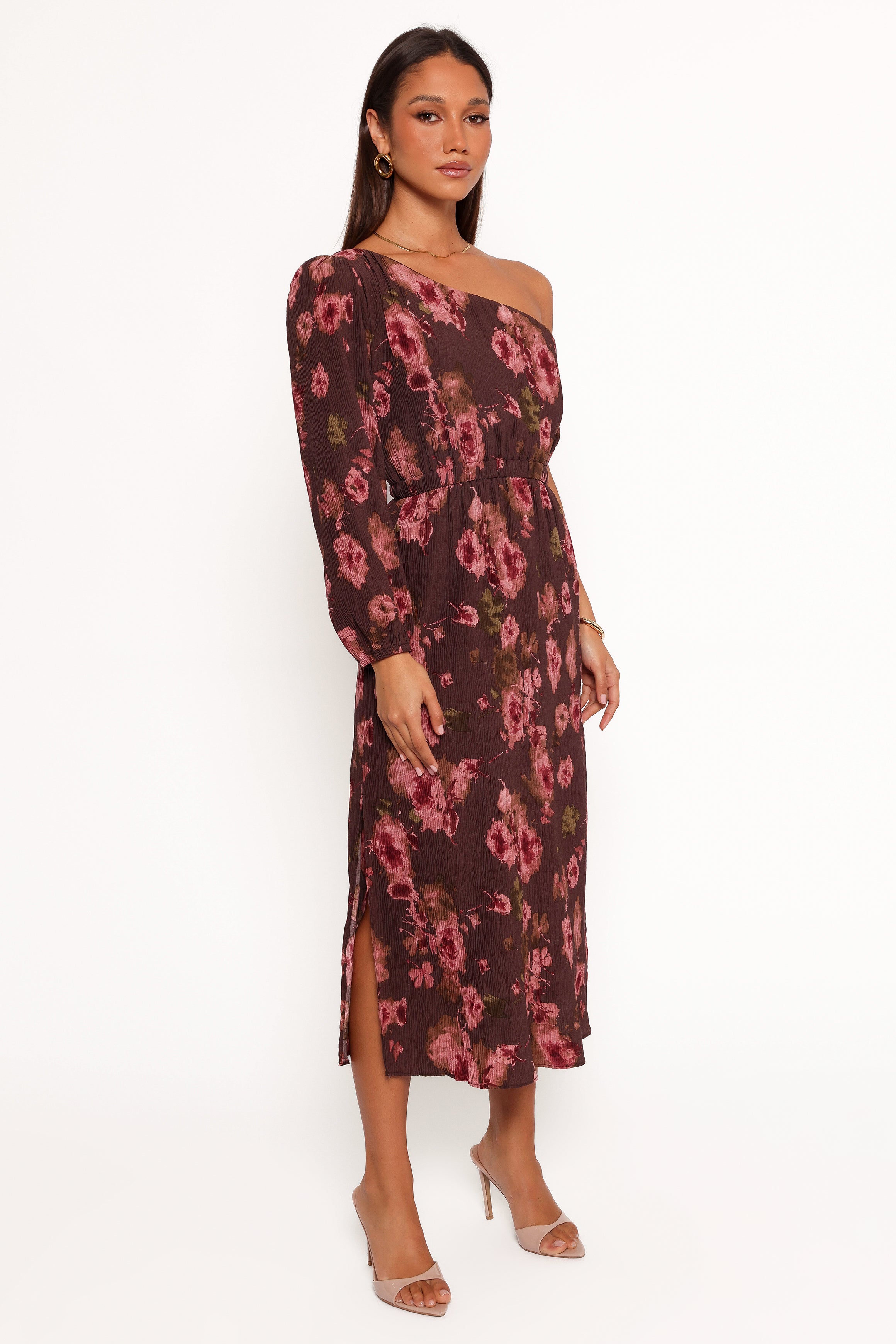One Shoulder Pleated Midi Dress - Chocolate Brown Pontee