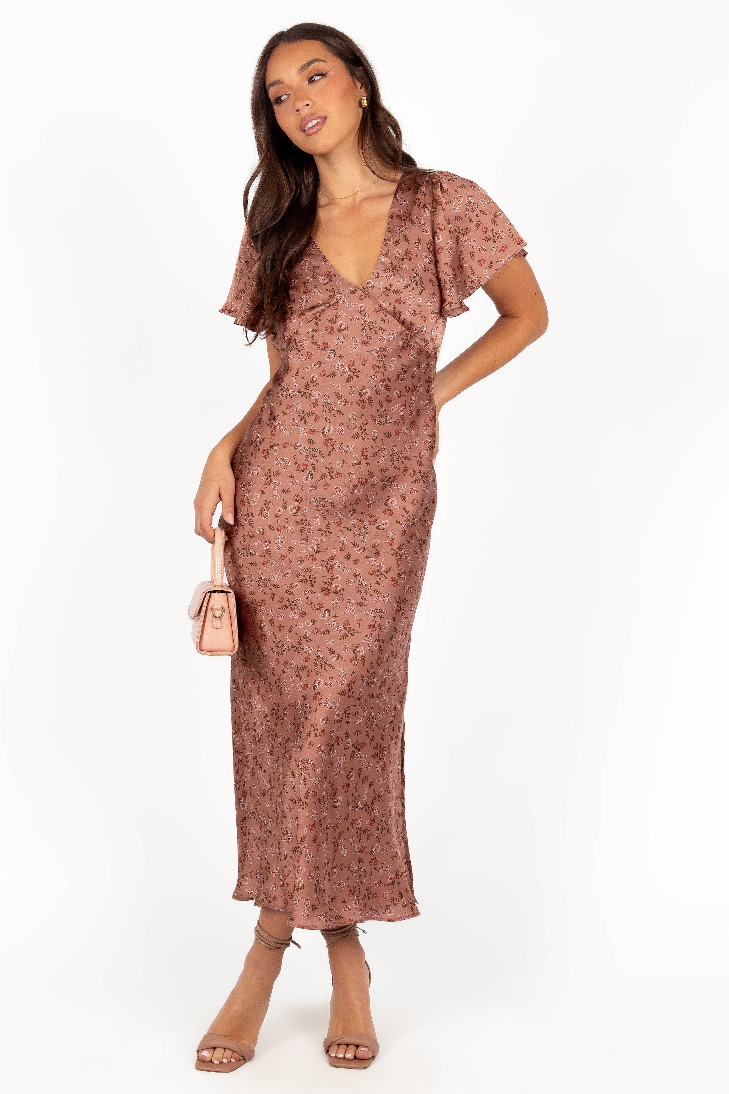 Floral Print Mauve Maxi Dress with V Neck & Side Split