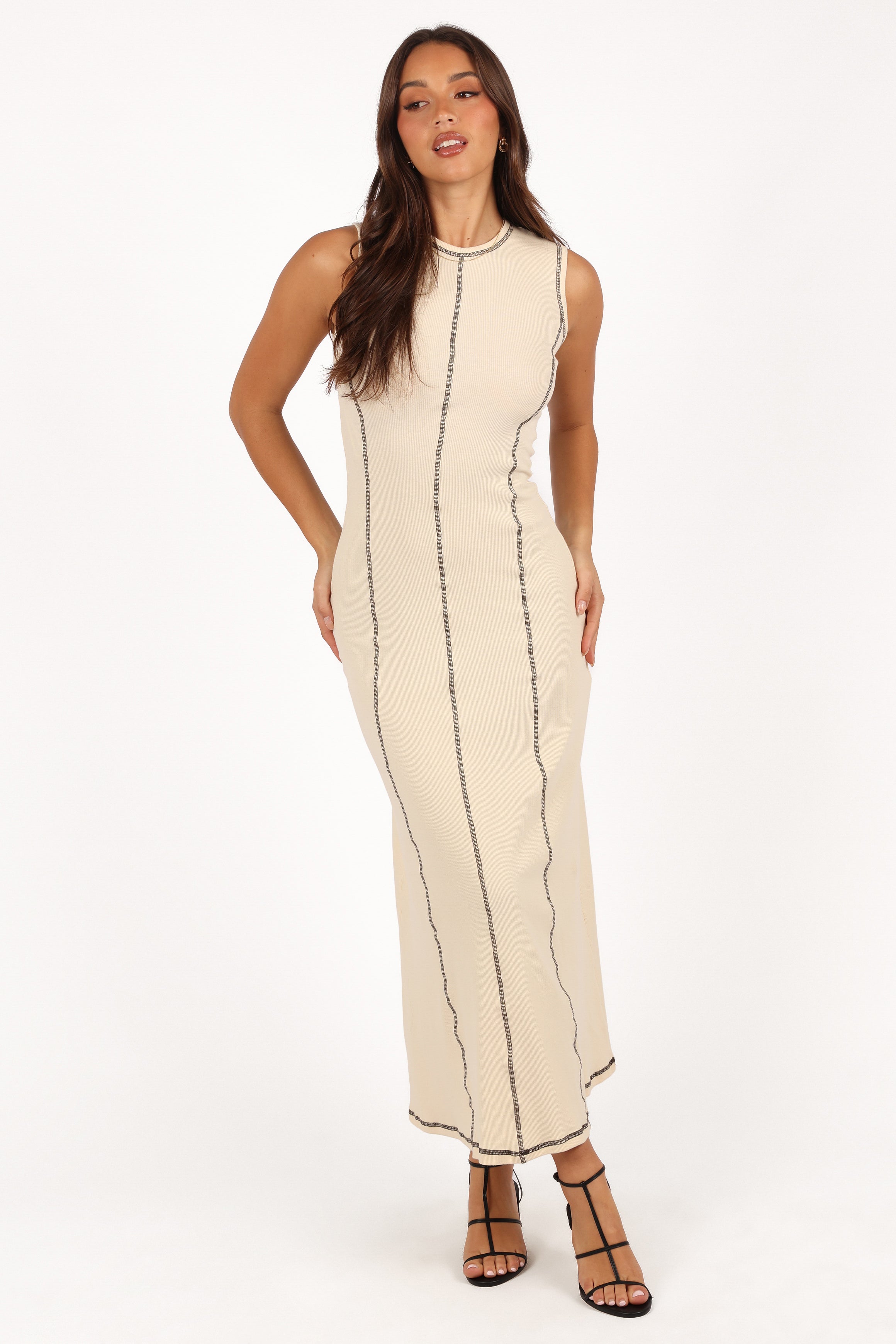 Cream Mae Midi Dress with Contrast Stitch - Sleeveless A-Line