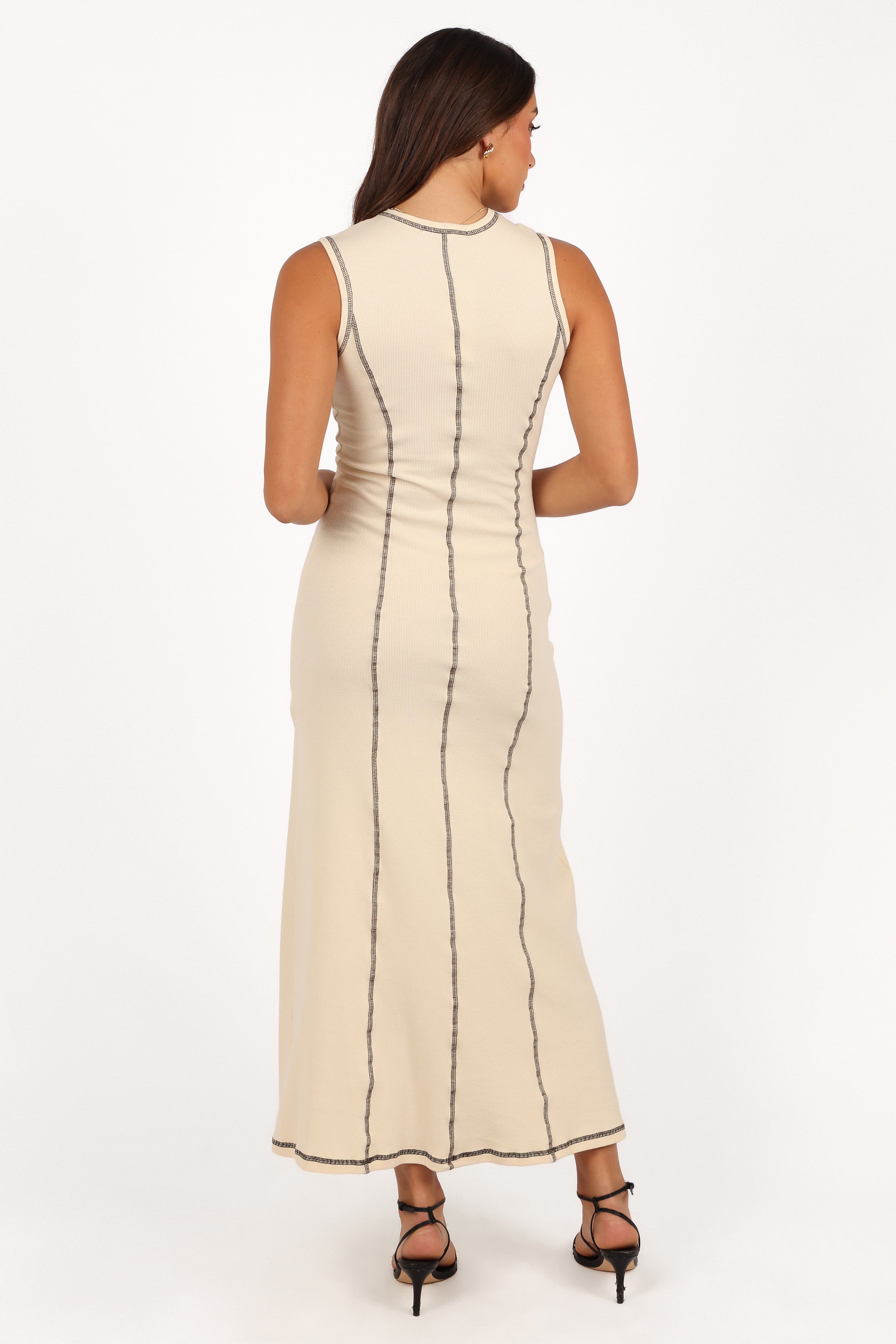 Cream Mae Midi Dress with Contrast Stitch - Sleeveless A-Line