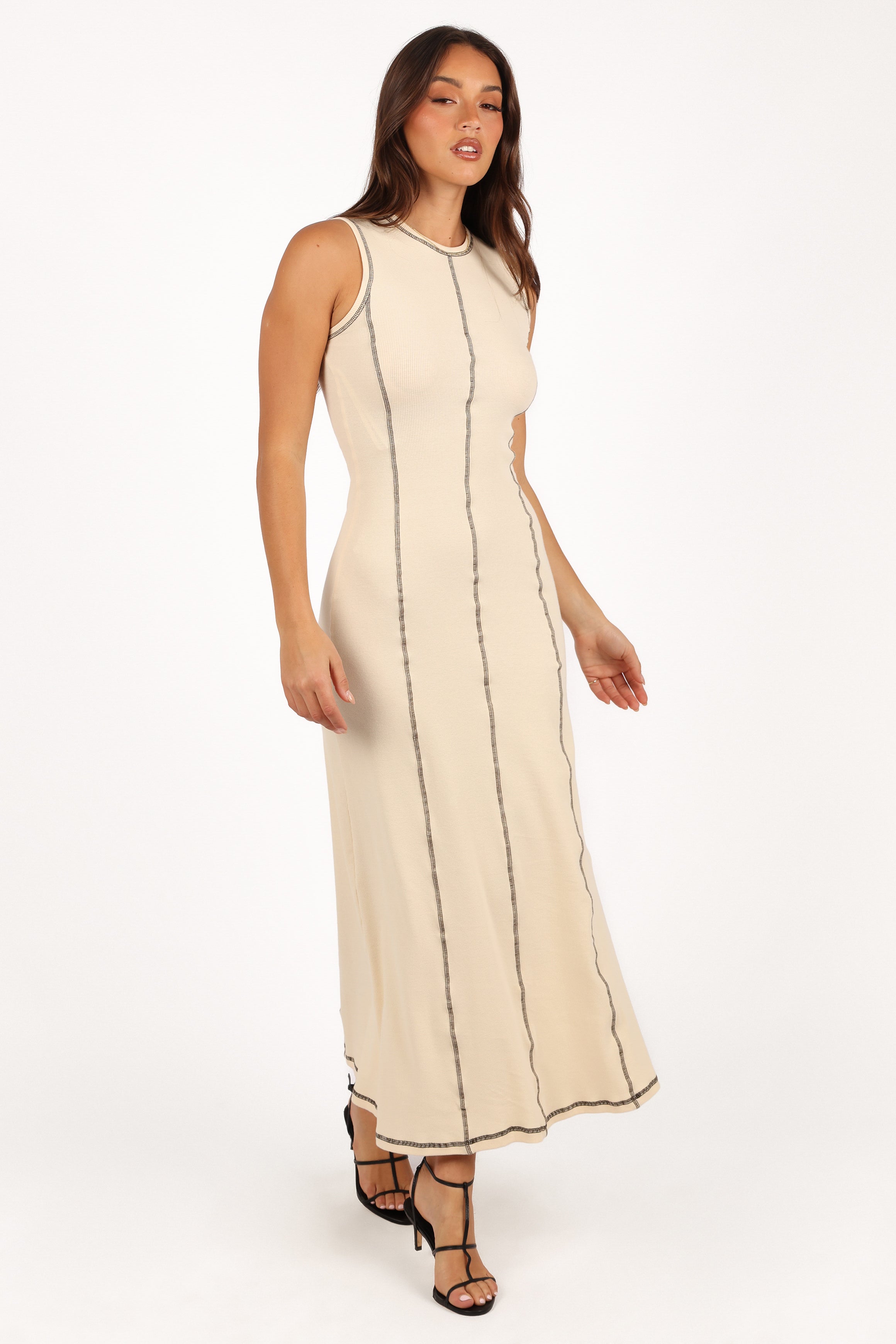 Cream Mae Midi Dress with Contrast Stitch - Sleeveless A-Line