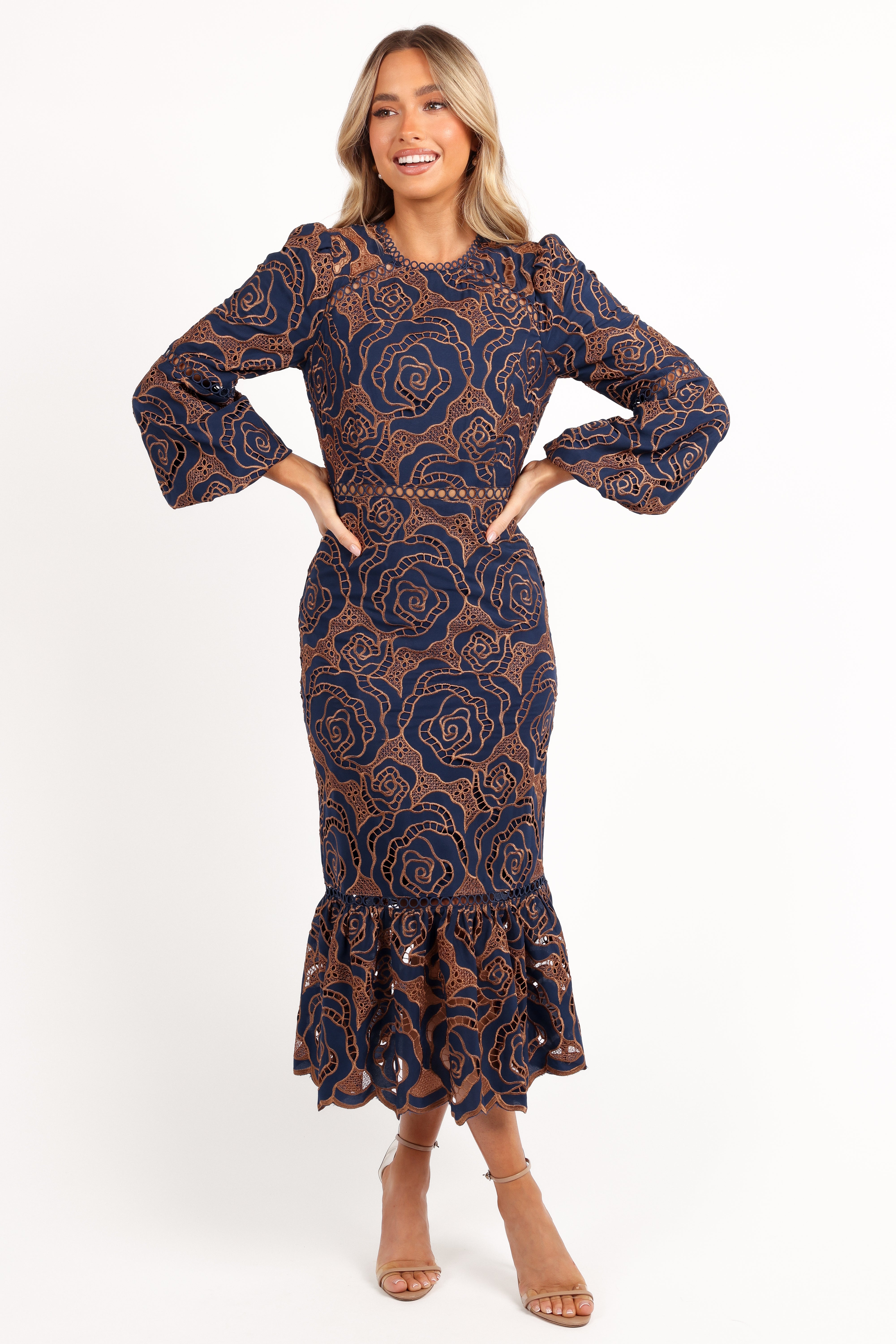 Navy Lace Maxi Dress with Long Sleeves & Floral Design