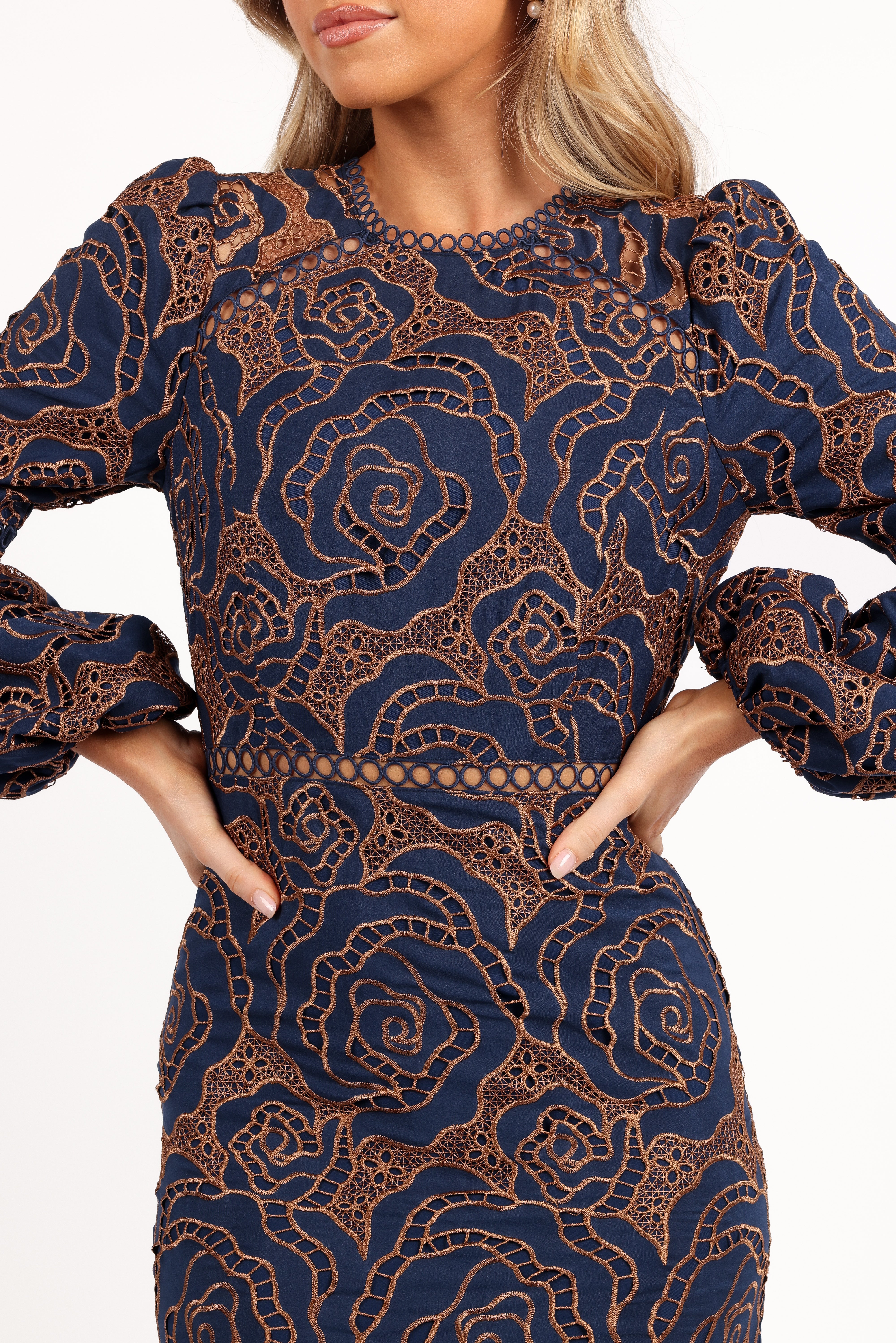 Navy Lace Maxi Dress with Long Sleeves & Floral Design