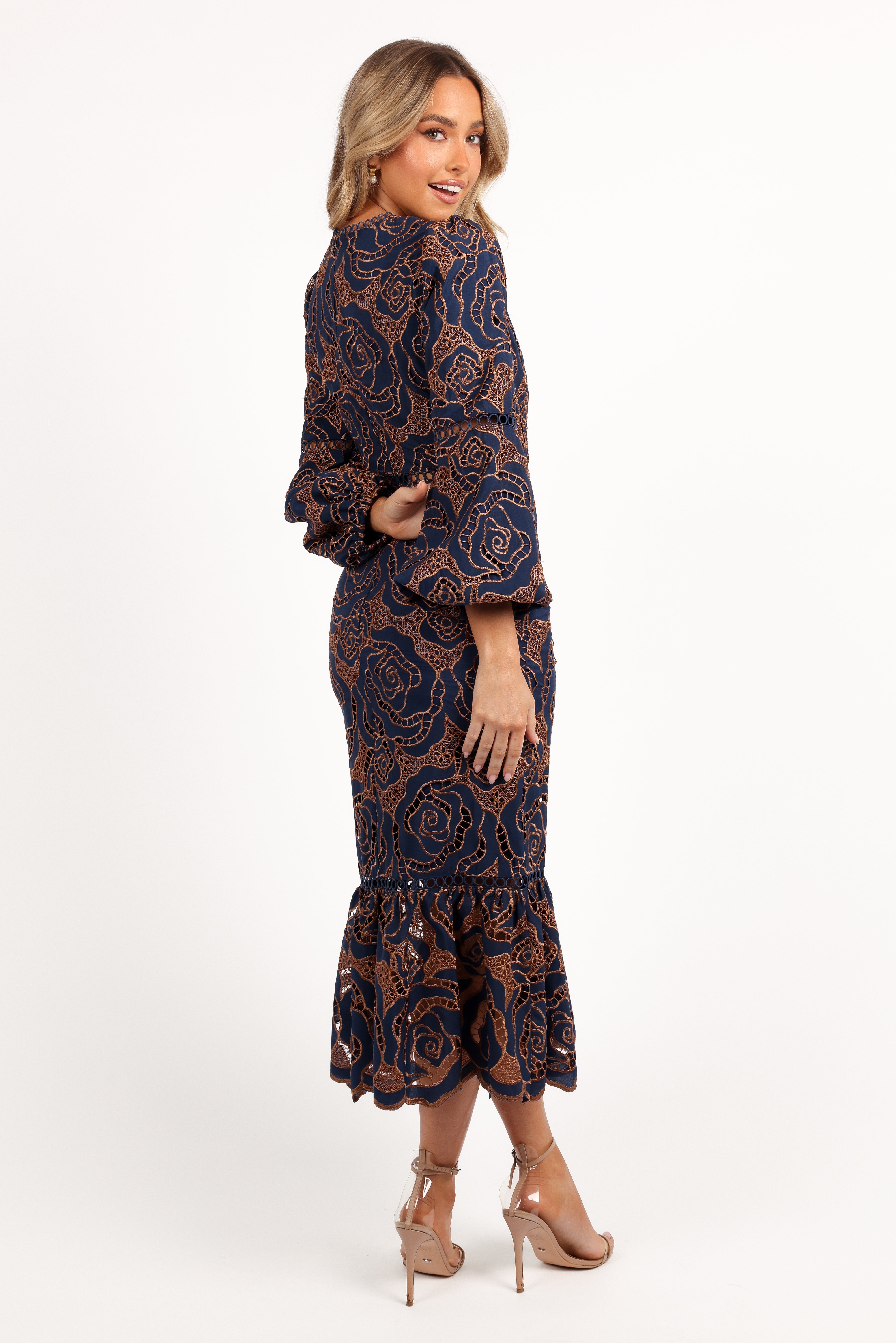 Navy Lace Maxi Dress with Long Sleeves & Floral Design