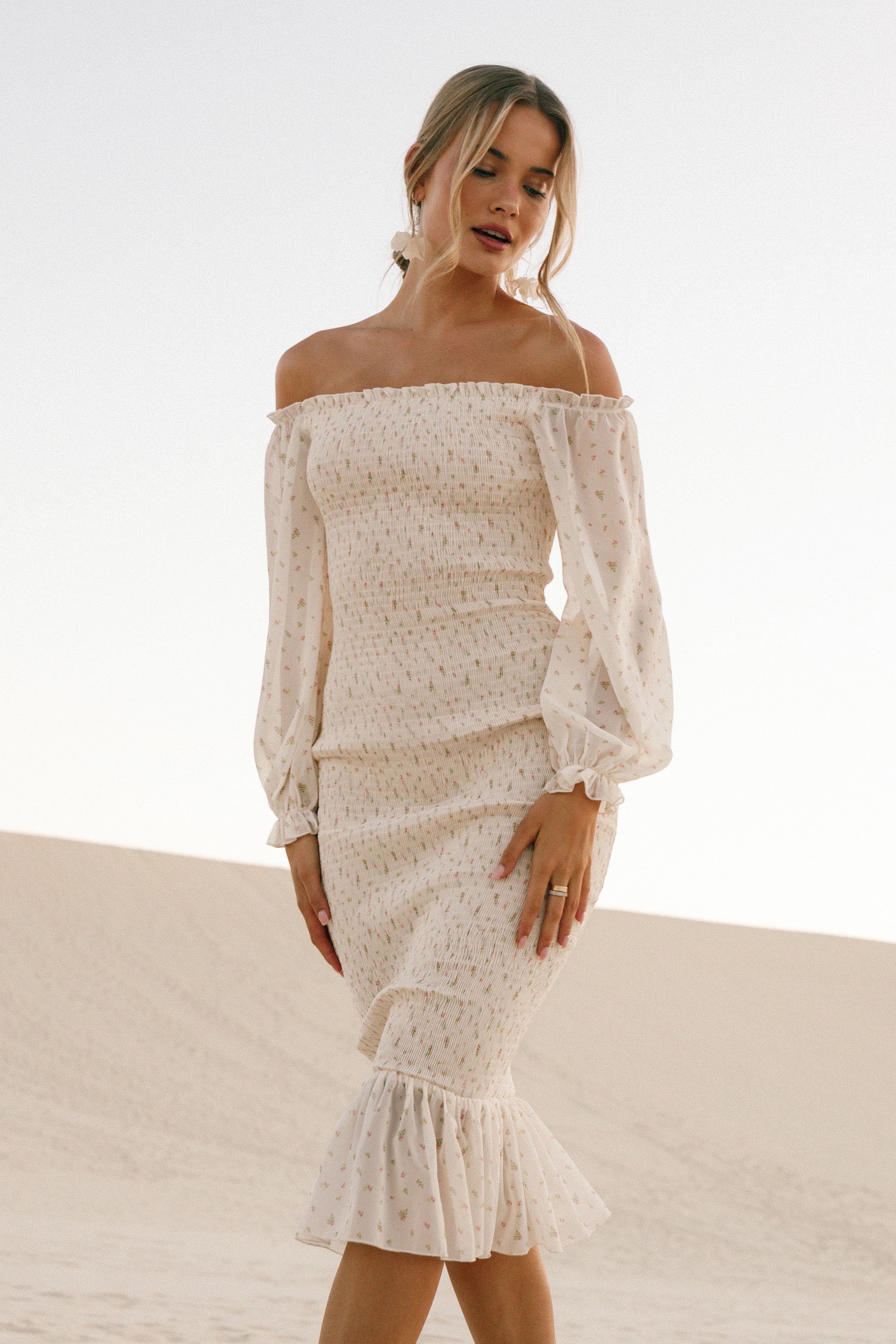 Floral Off-Shoulder Midi Dress - Sara Tiny Blooms
