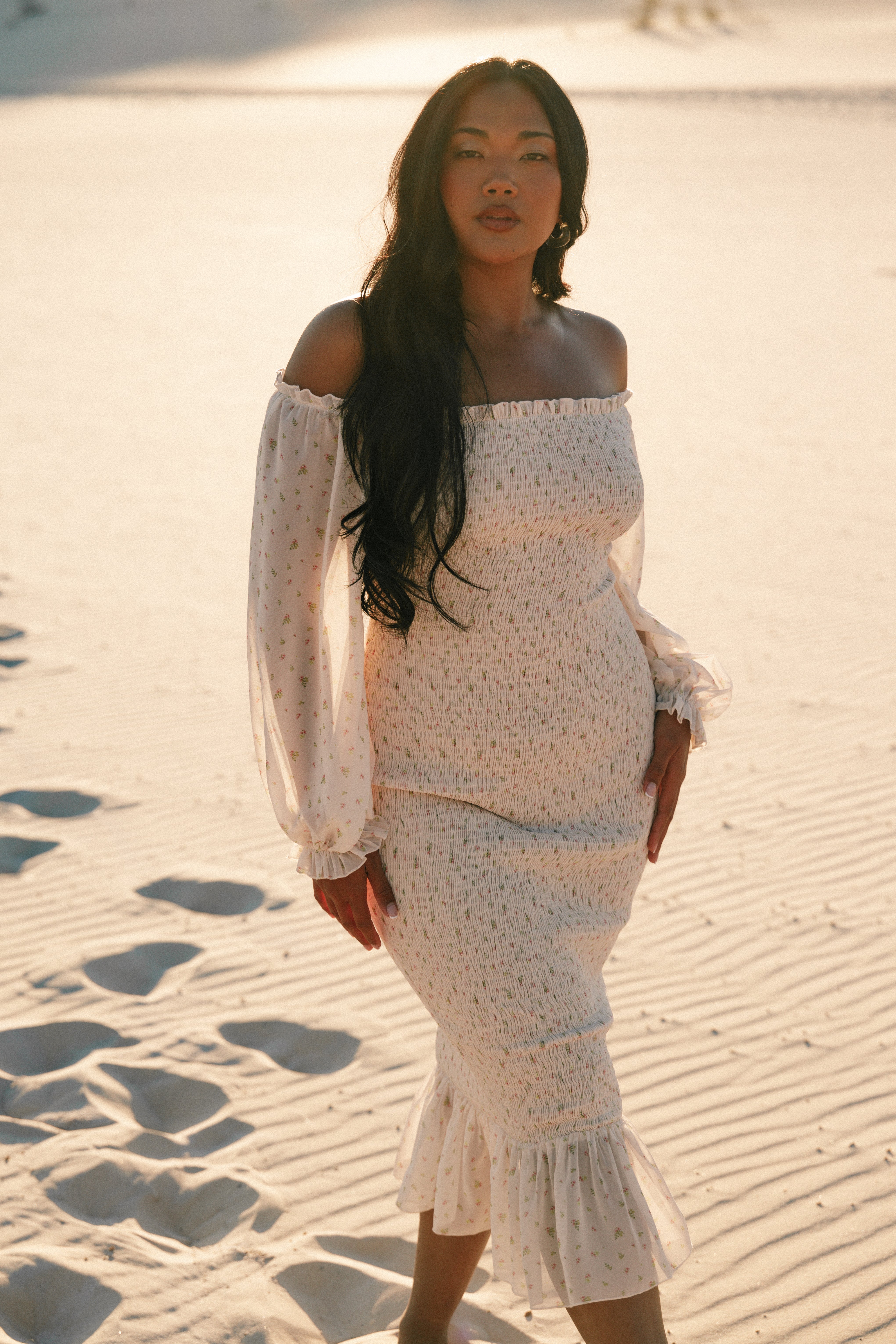 Floral Off-Shoulder Midi Dress - Sara Tiny Blooms