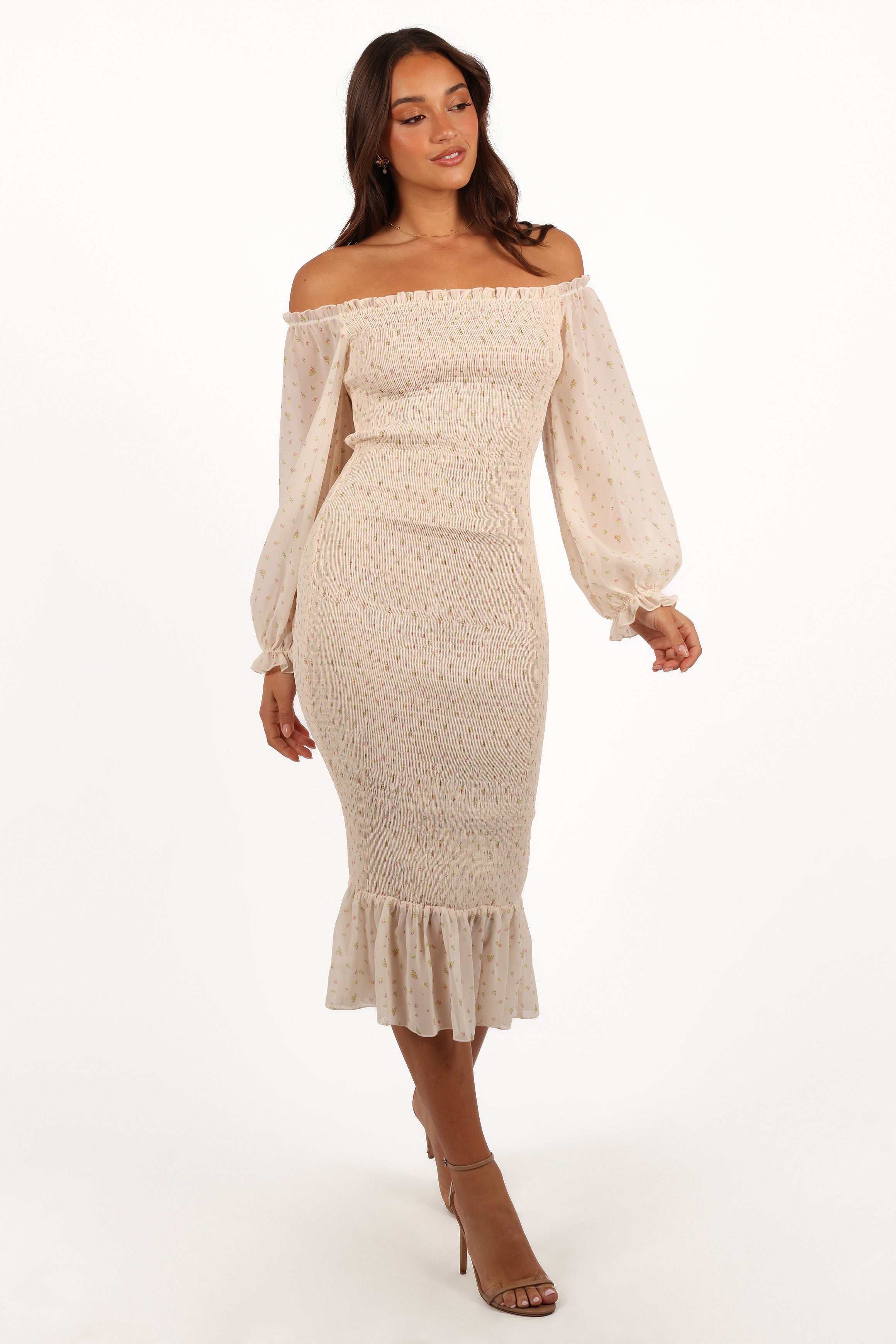 Floral Off-Shoulder Midi Dress - Sara Tiny Blooms