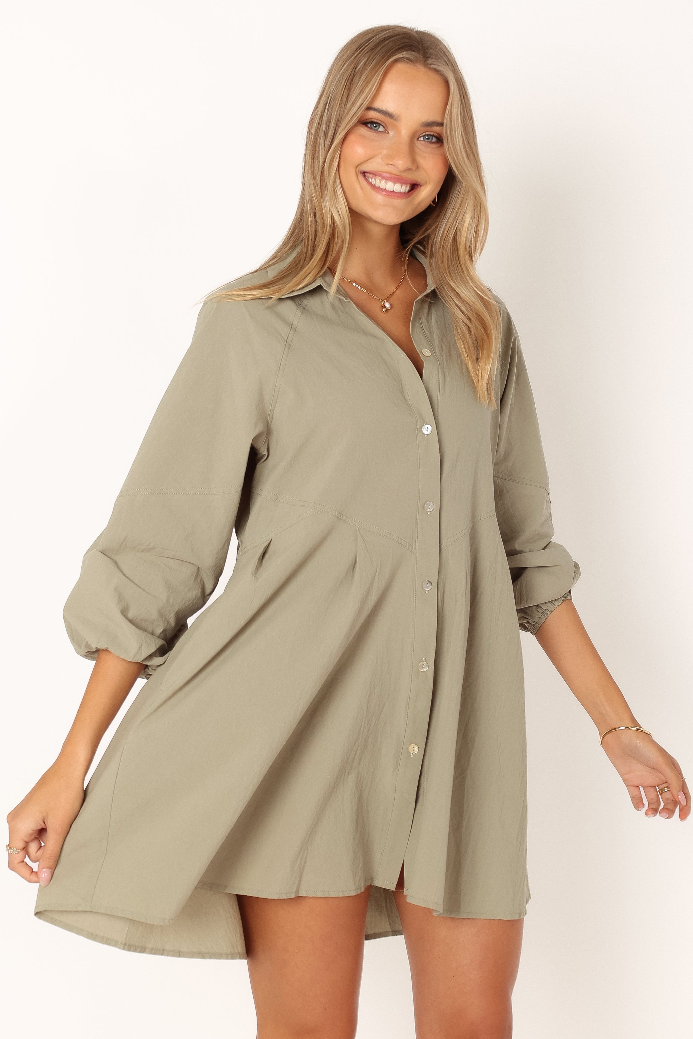 Criselle Cotton Mini Dress with Long Sleeves & Pockets - Khaki