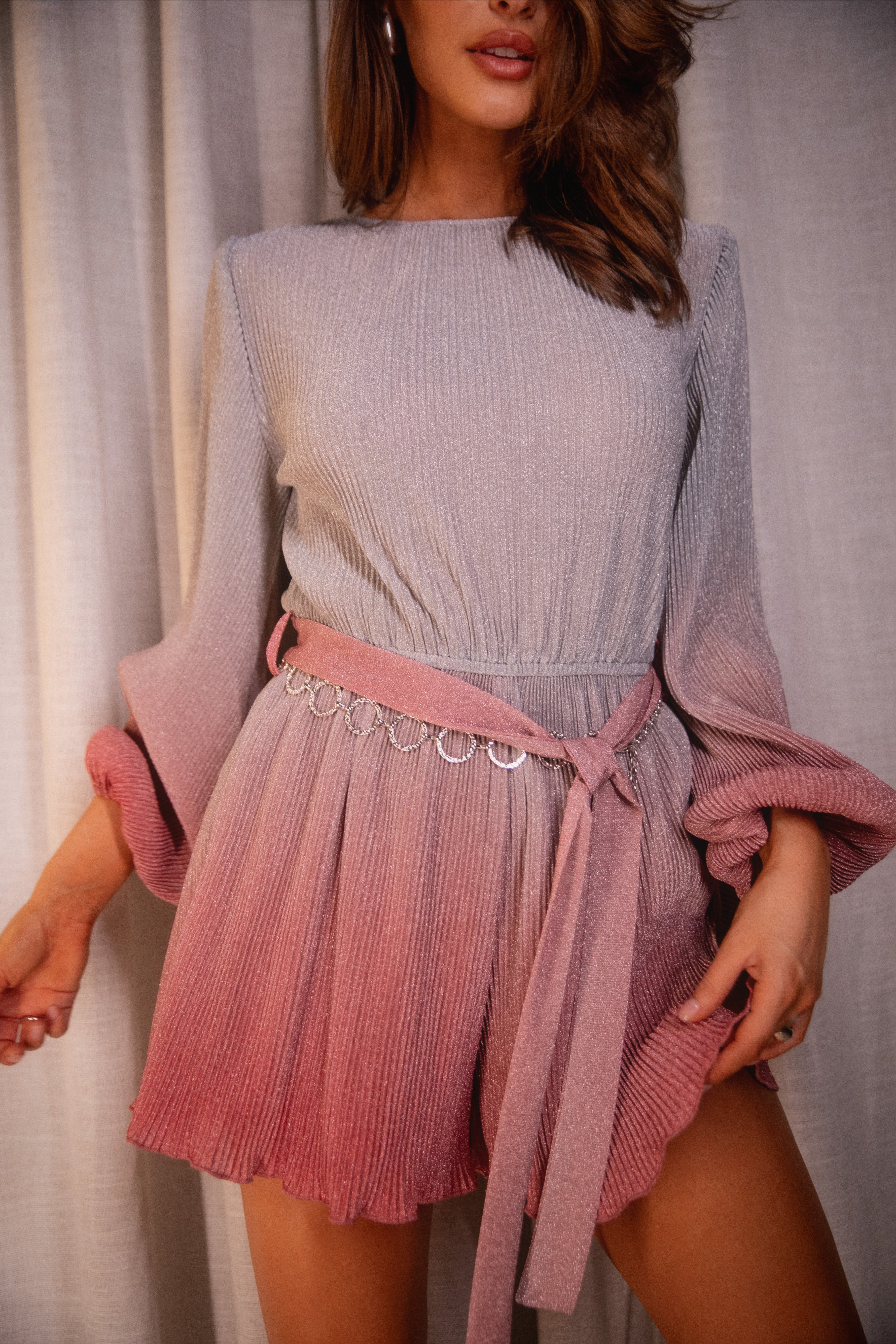 Pink Gradient Romper Dress with Elastic Waist & Ombre Style