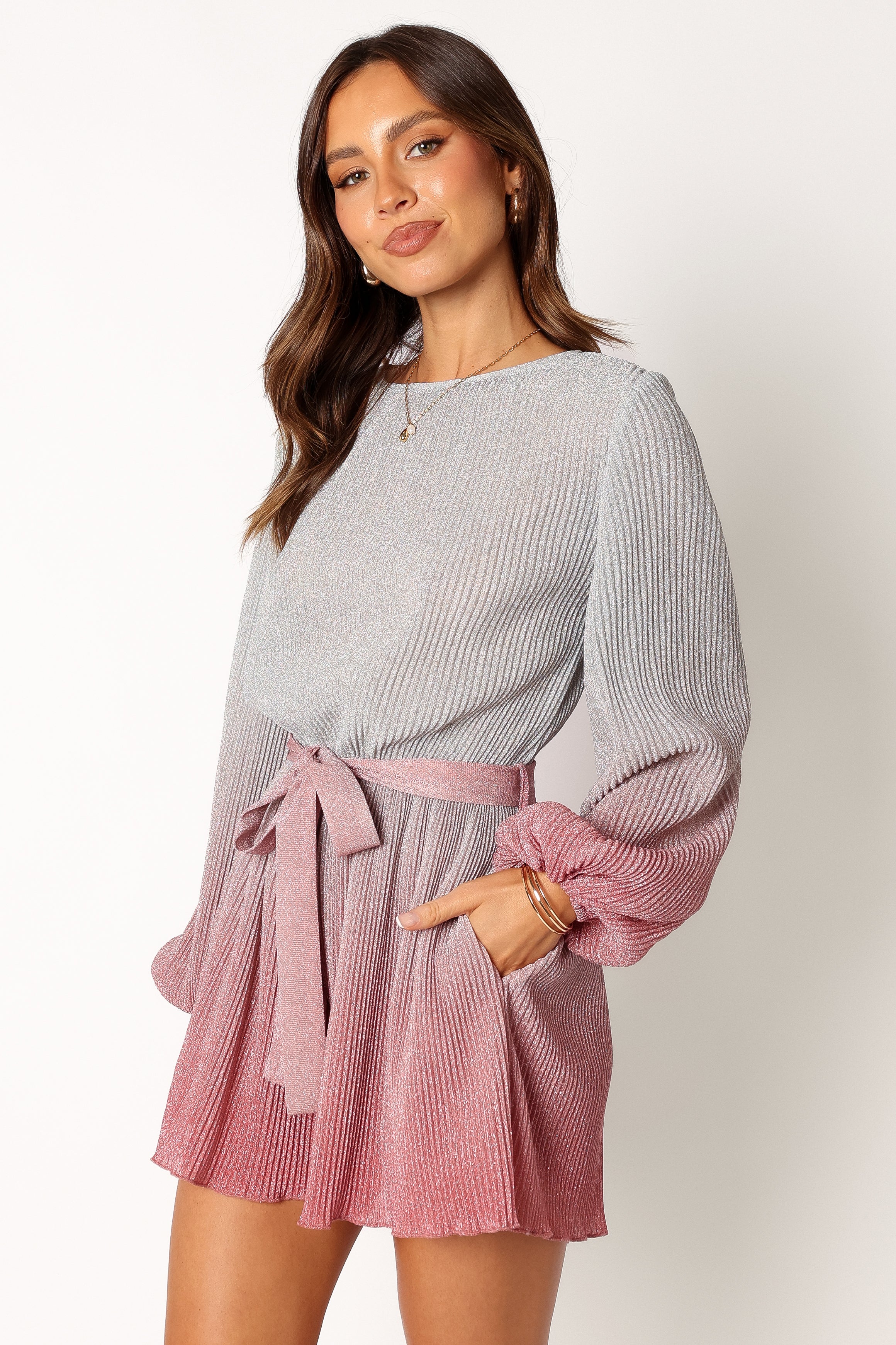 Pink Gradient Romper Dress with Elastic Waist & Ombre Style