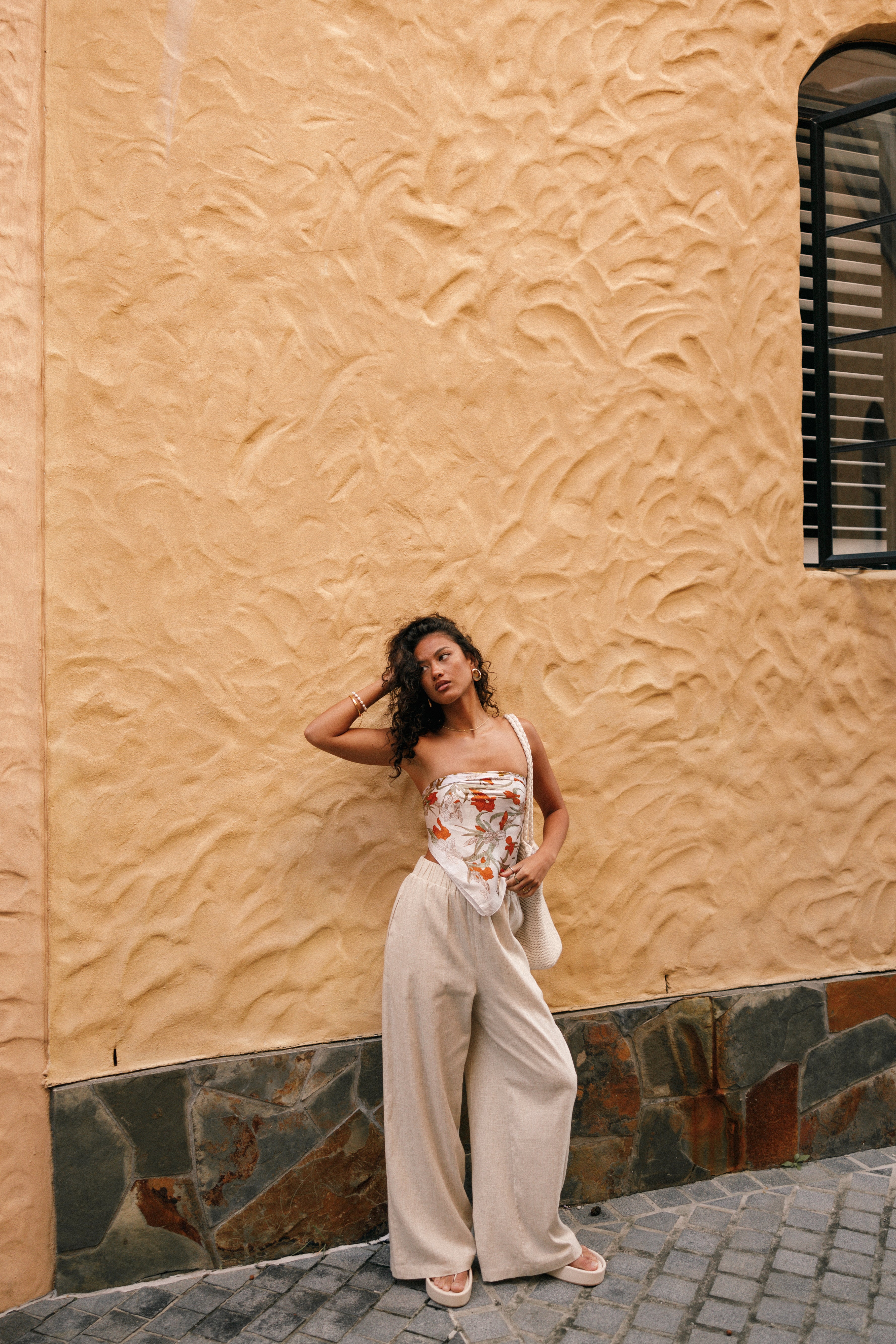 Soraya High Waisted Wide Leg Pants - Oatmeal Linen Viscose Blend