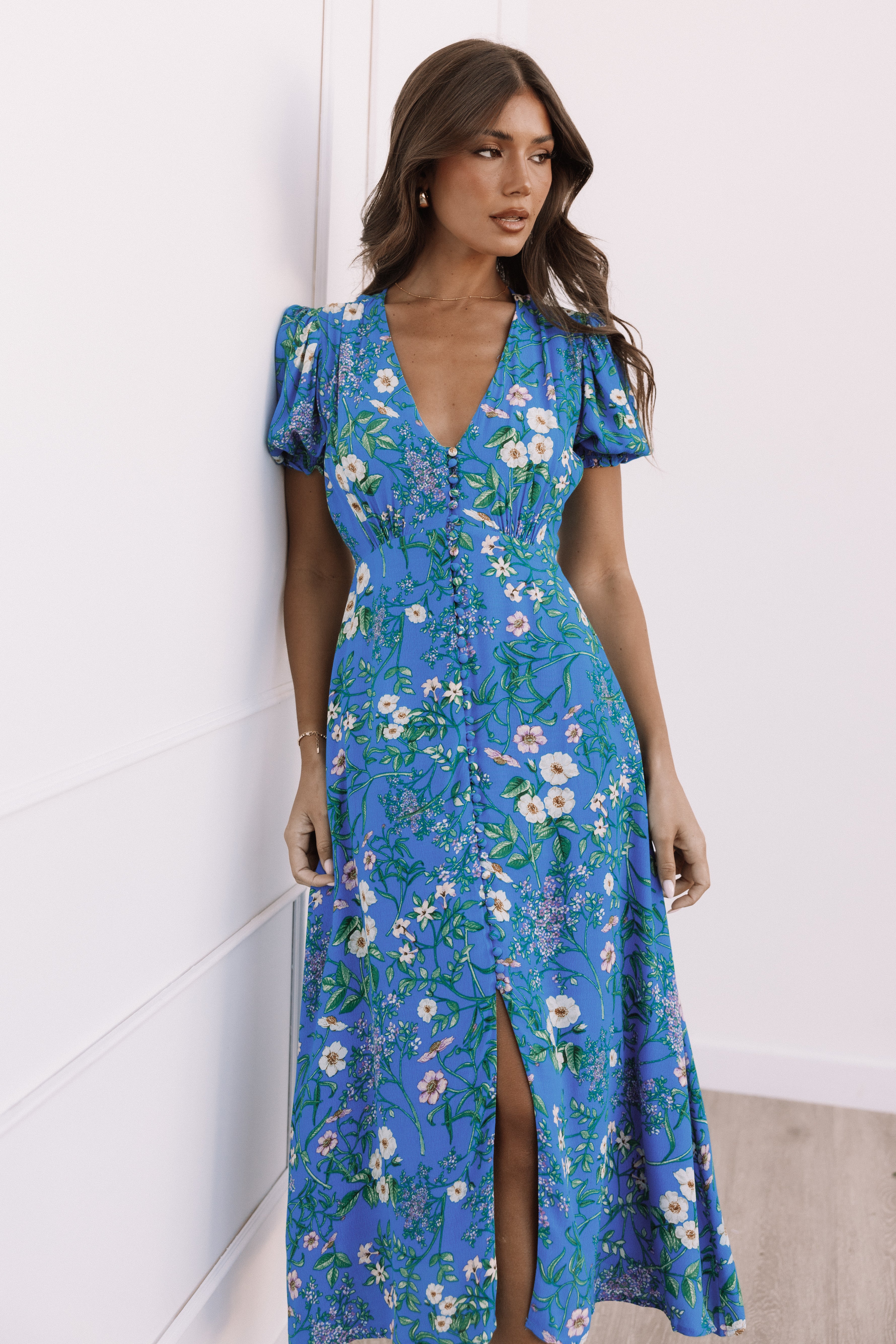 Brax Blue Ivy Floral Midi Dress with V Neckline