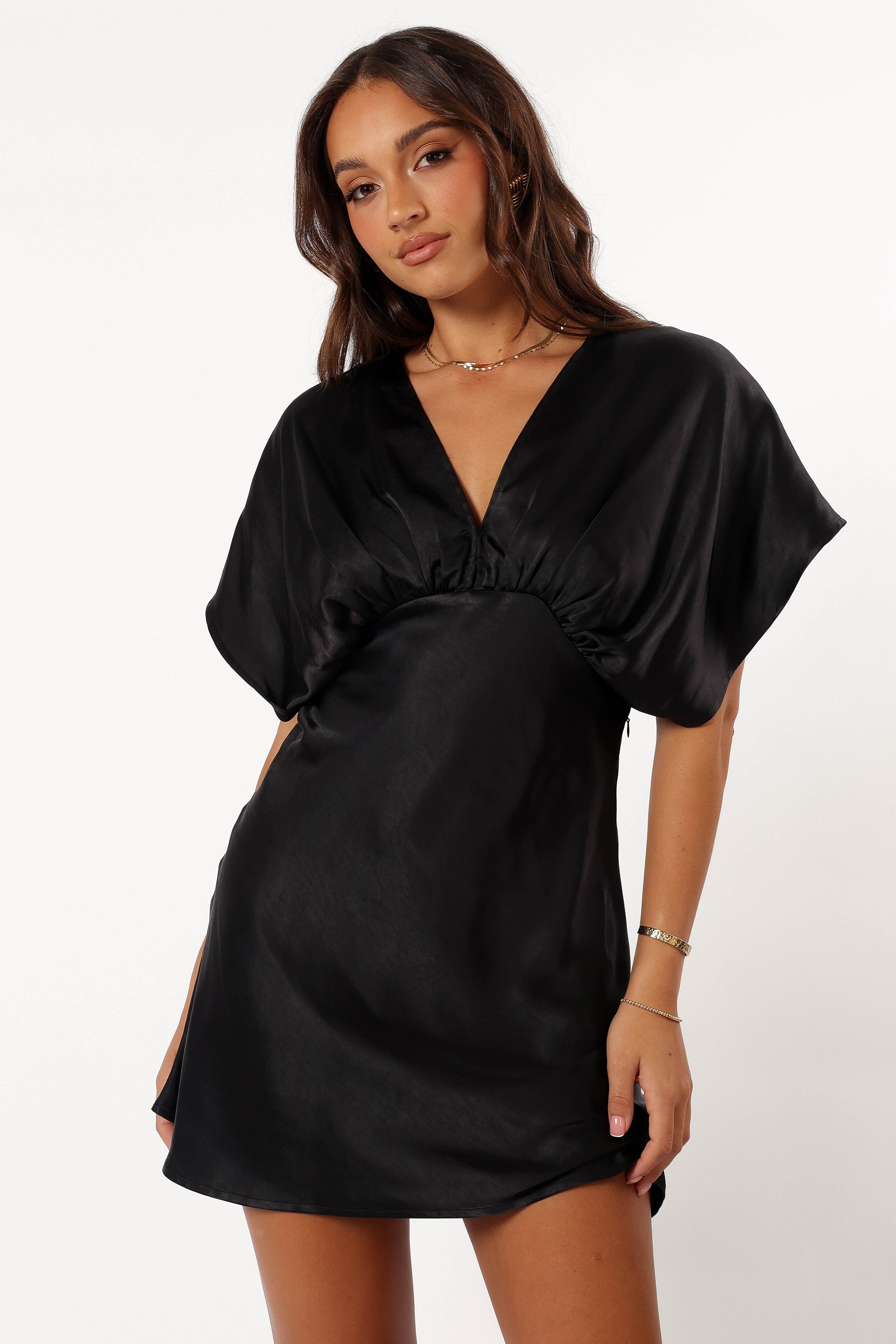 Black Satin Mini Dress with V-Neck & Short Sleeves - Ricki