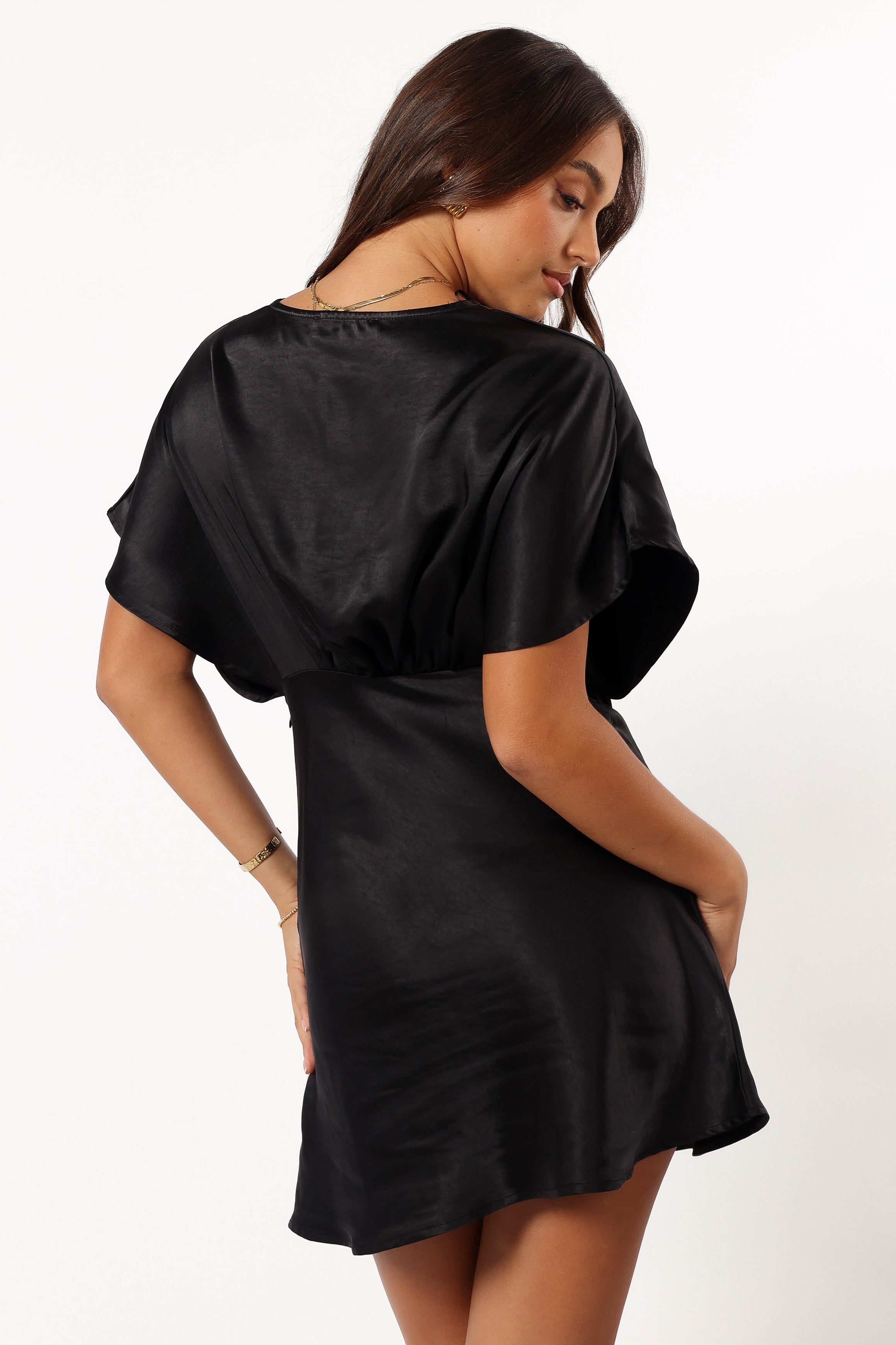 Black Satin Mini Dress with V-Neck & Short Sleeves - Ricki