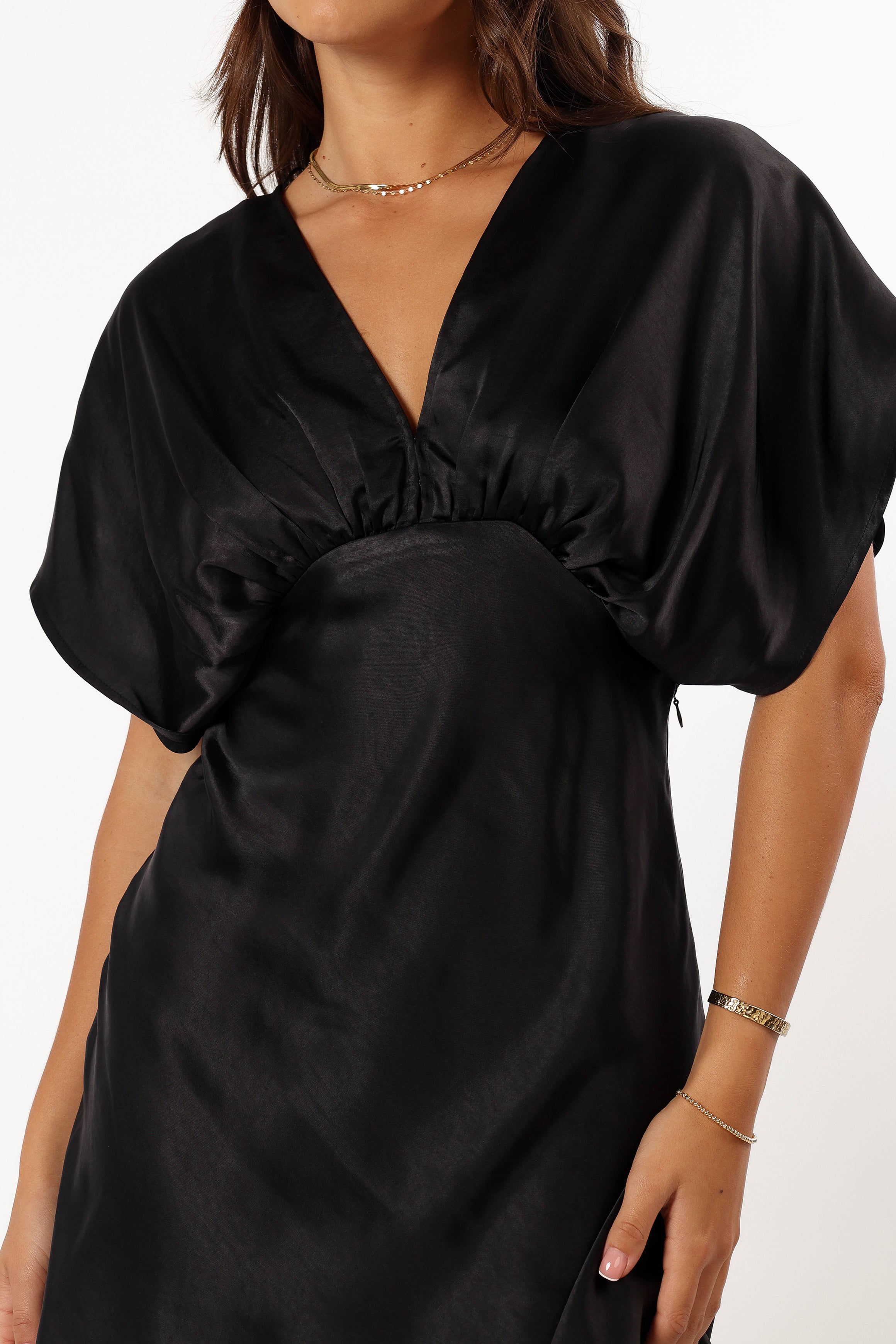 Black Satin Mini Dress with V-Neck & Short Sleeves - Ricki