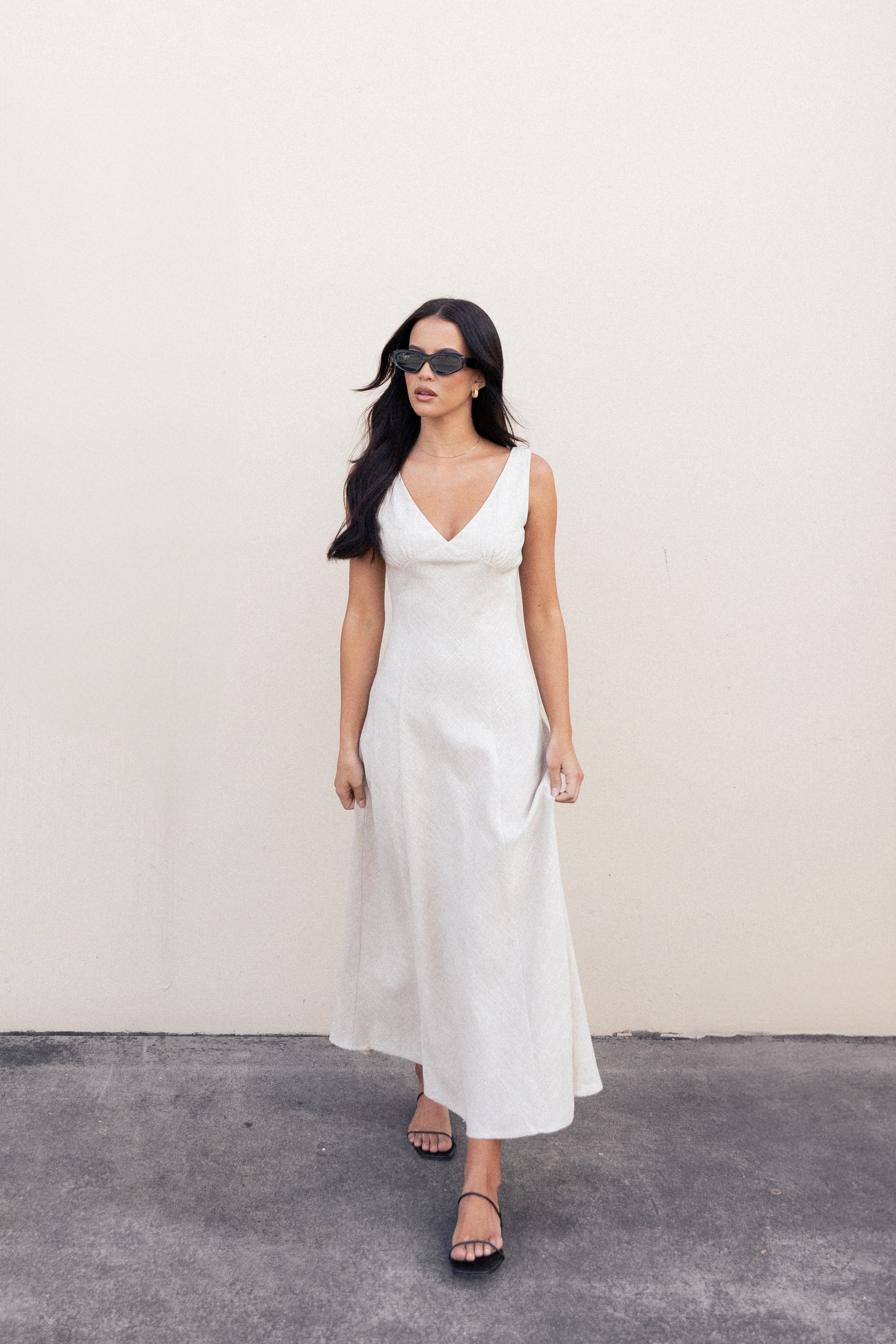 Adren V-Neck A-Line Midi Dress in Oatmeal