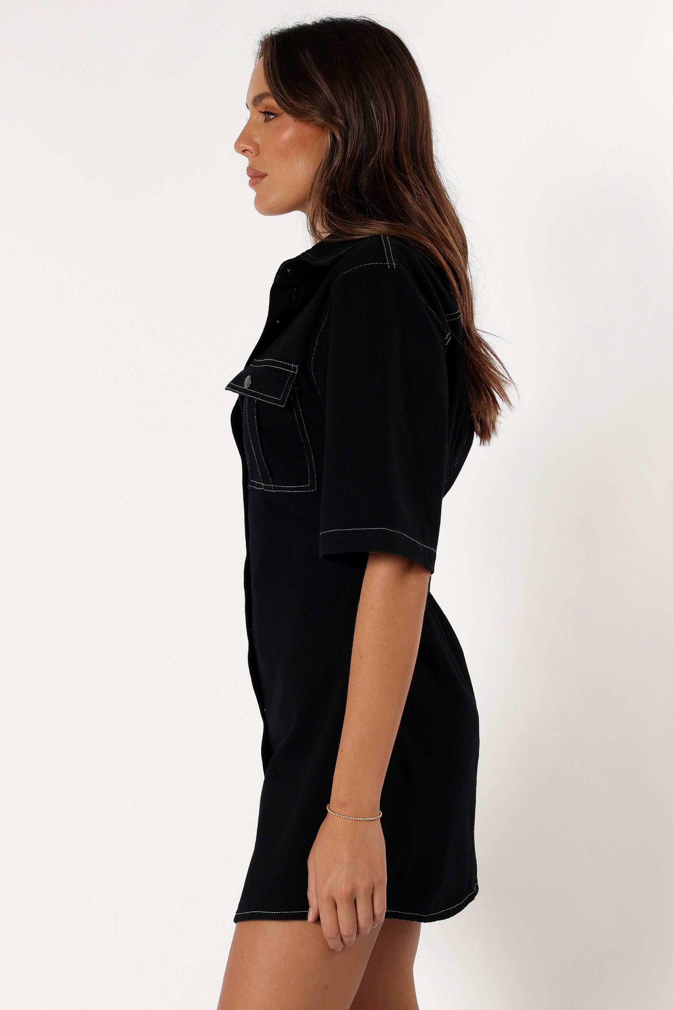Hailey Black Denim Mini Dress with Front Buttons & Elastic Waist