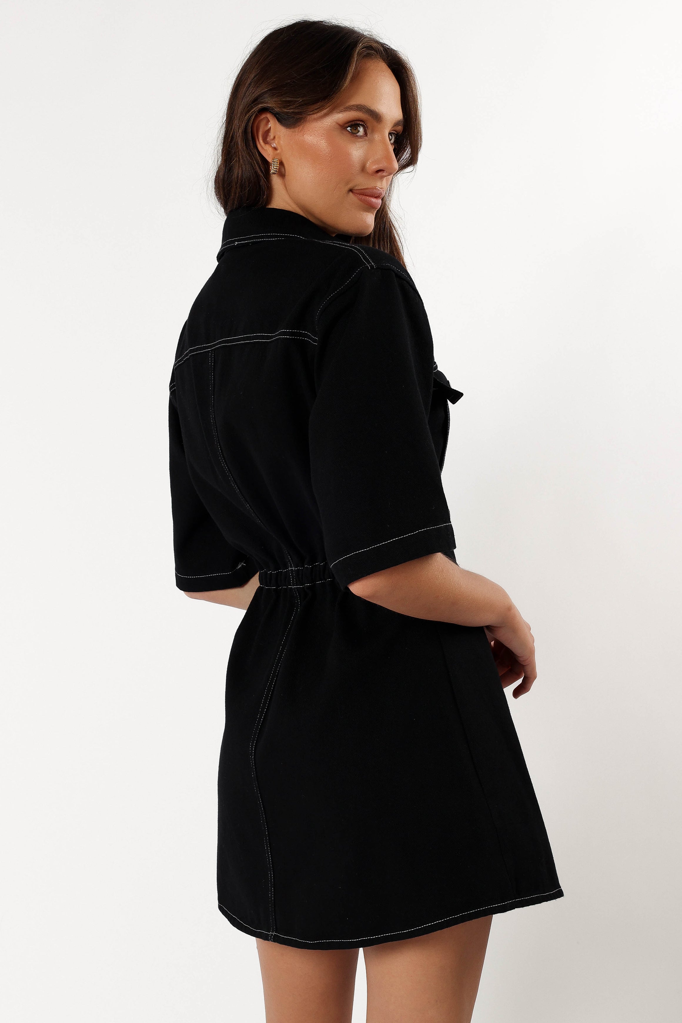 Hailey Black Denim Mini Dress with Front Buttons & Elastic Waist