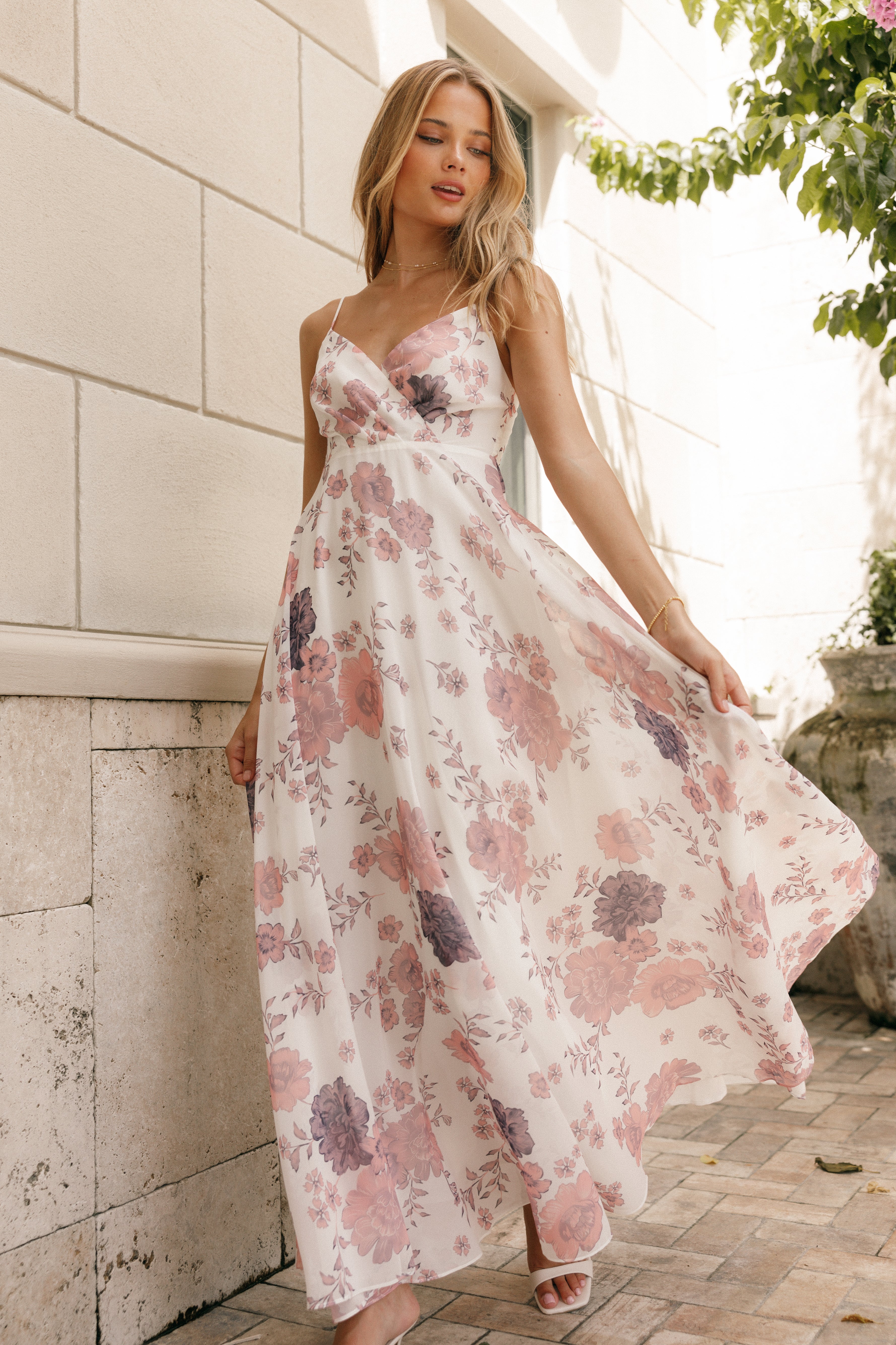 White Floral Maxi Dress with V-Neck & Adjustable Straps - Madilyn