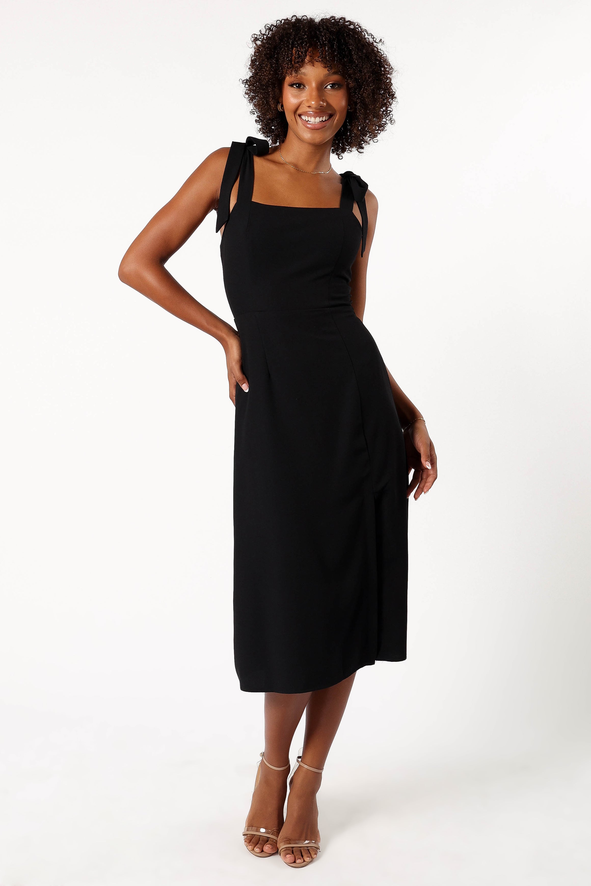 Elegant Black Laurel Midi Dress with Square Neckline & Back Zip