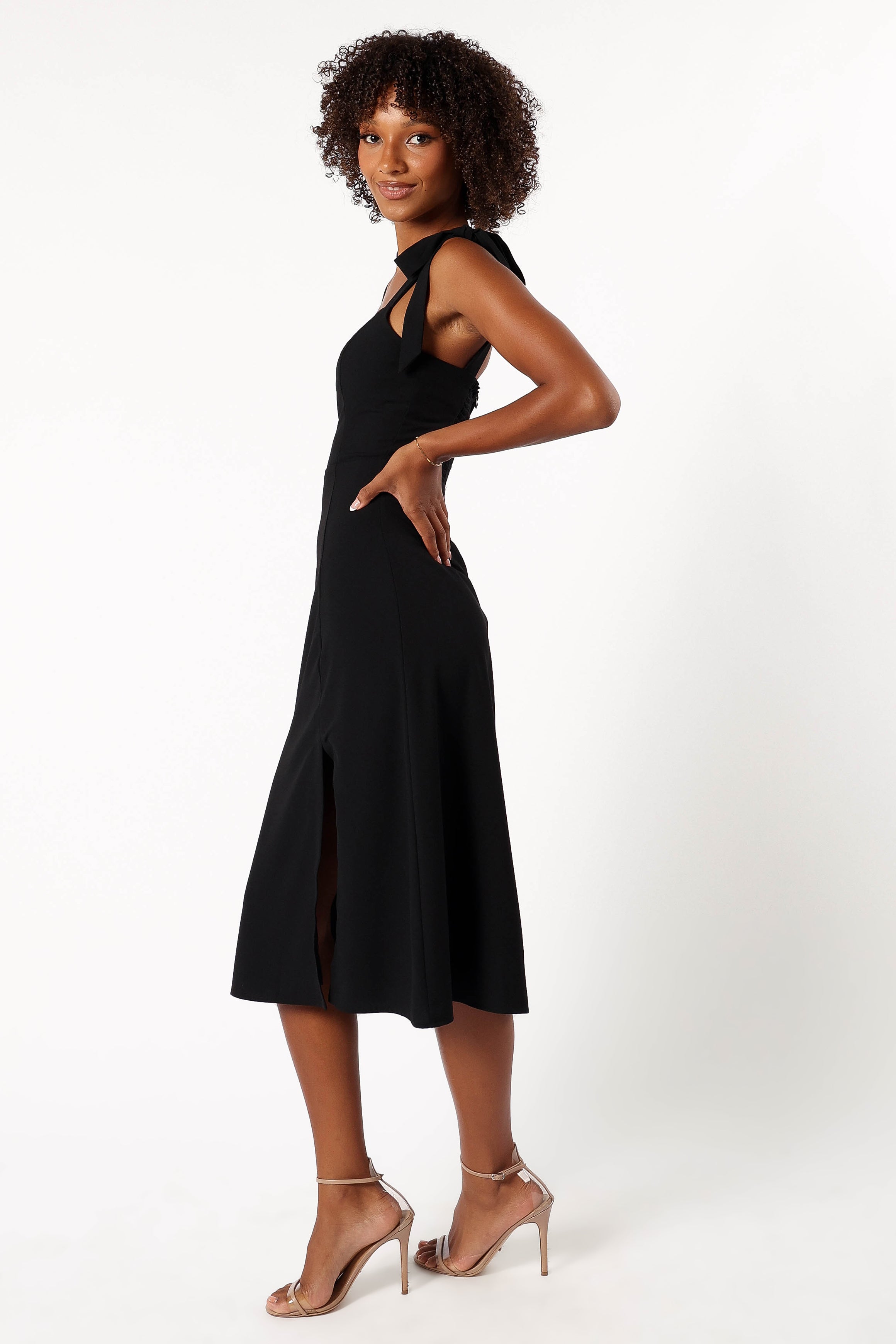 Elegant Black Laurel Midi Dress with Square Neckline & Back Zip