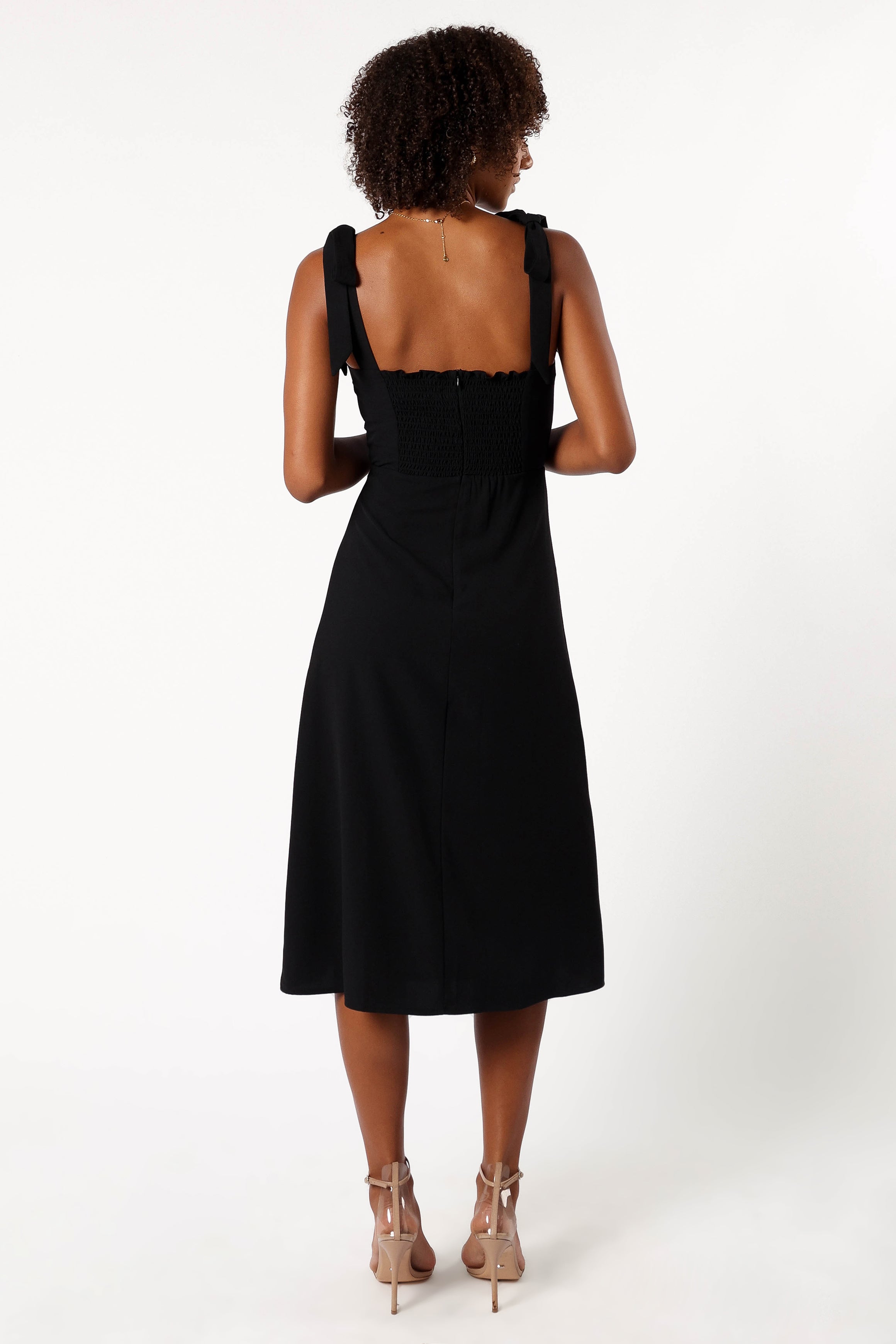 Elegant Black Laurel Midi Dress with Square Neckline & Back Zip