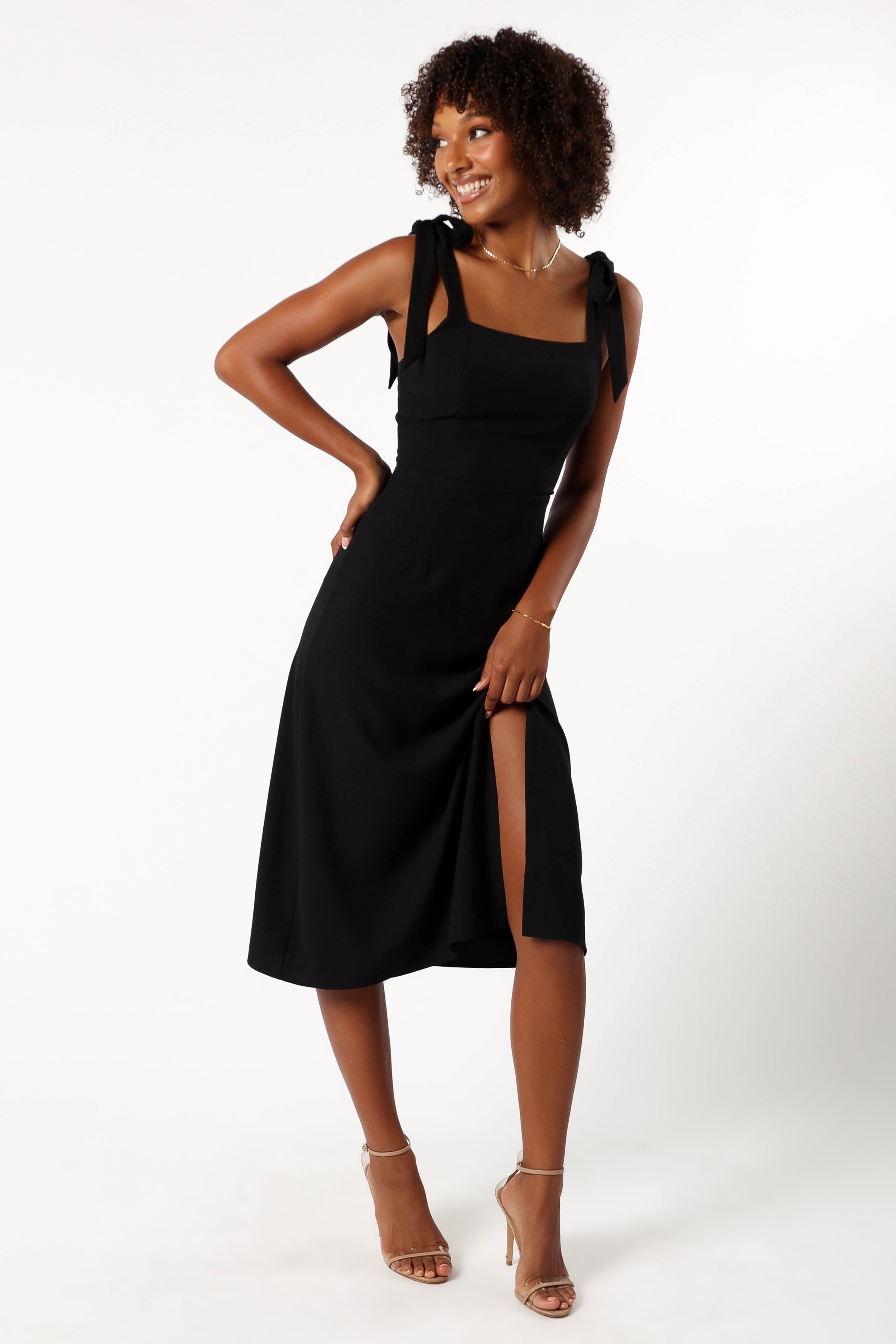 Elegant Black Laurel Midi Dress with Square Neckline & Back Zip