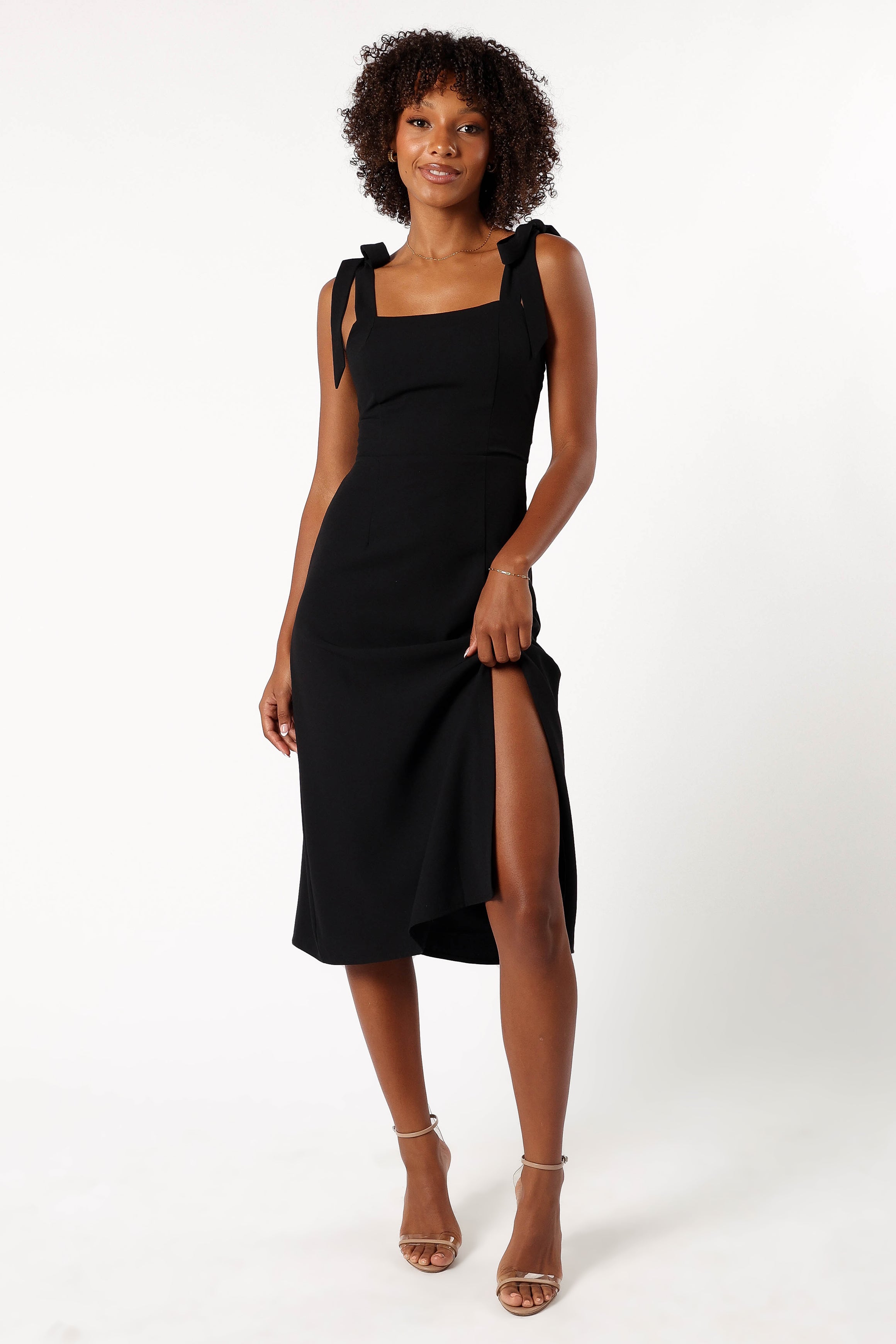 Elegant Black Laurel Midi Dress with Square Neckline & Back Zip