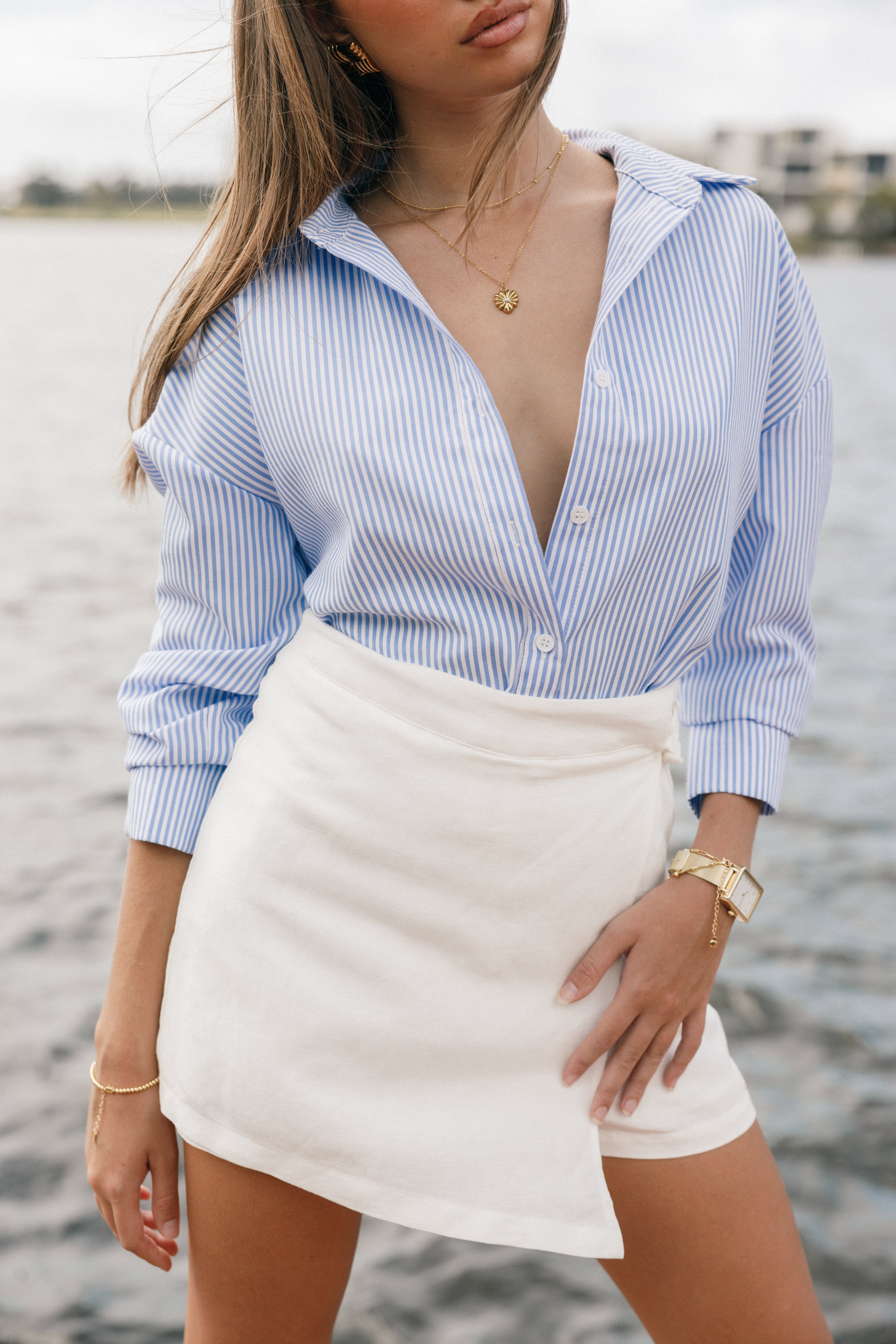 Women's Blue Striped Button-Up Shirt - Murphy Oversized Long Sleeve Top