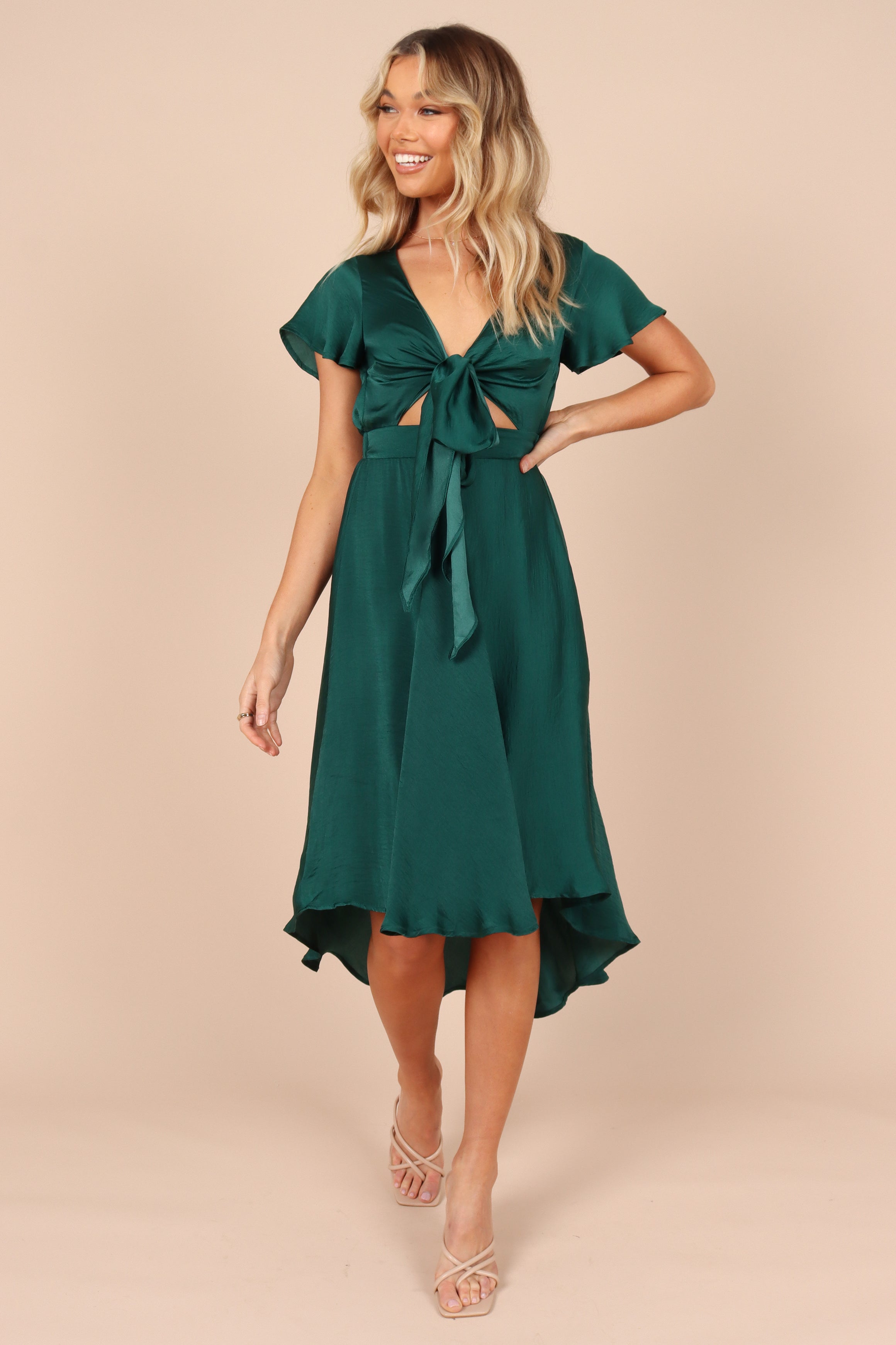 Amanda Emerald Satin Tie Front Midi Dress with High-Low Hem
